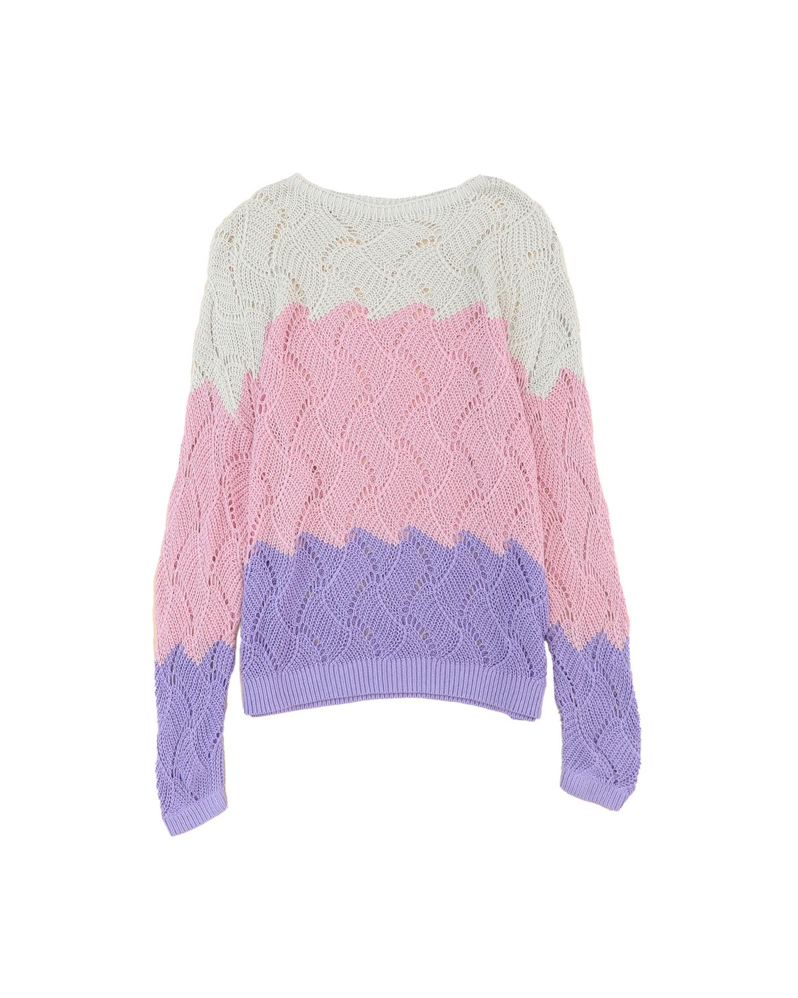 V539-AZEXDC2723066-10-S-202506132115-00 Pink Color Block Hollow Knitted Loose Sweater - S - Image 1