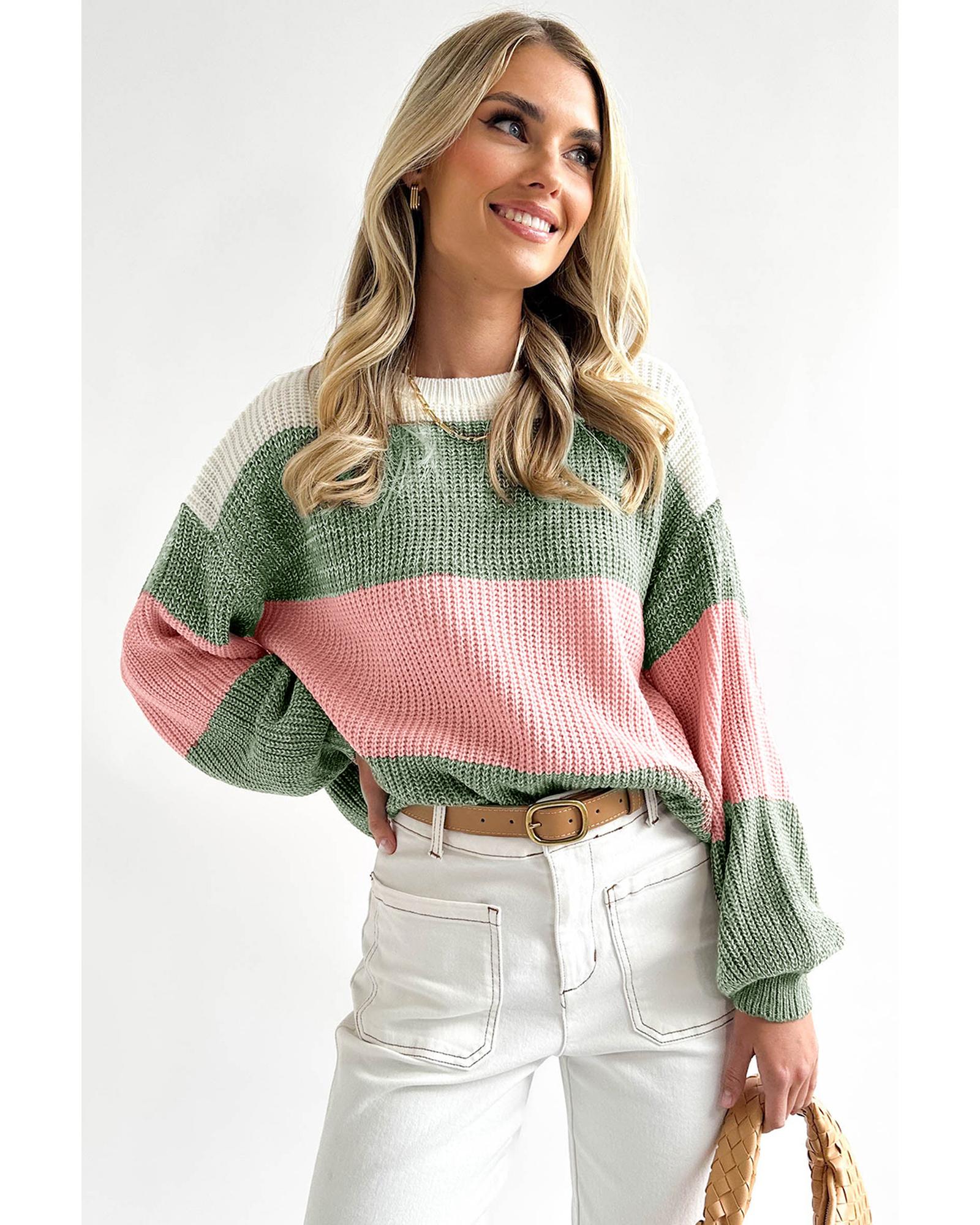 V539-AZEXDC2723079-109-L-202508292305-00 Green Colorblock Drop Shoulder Pullover Loose Sweater - L - Image 1