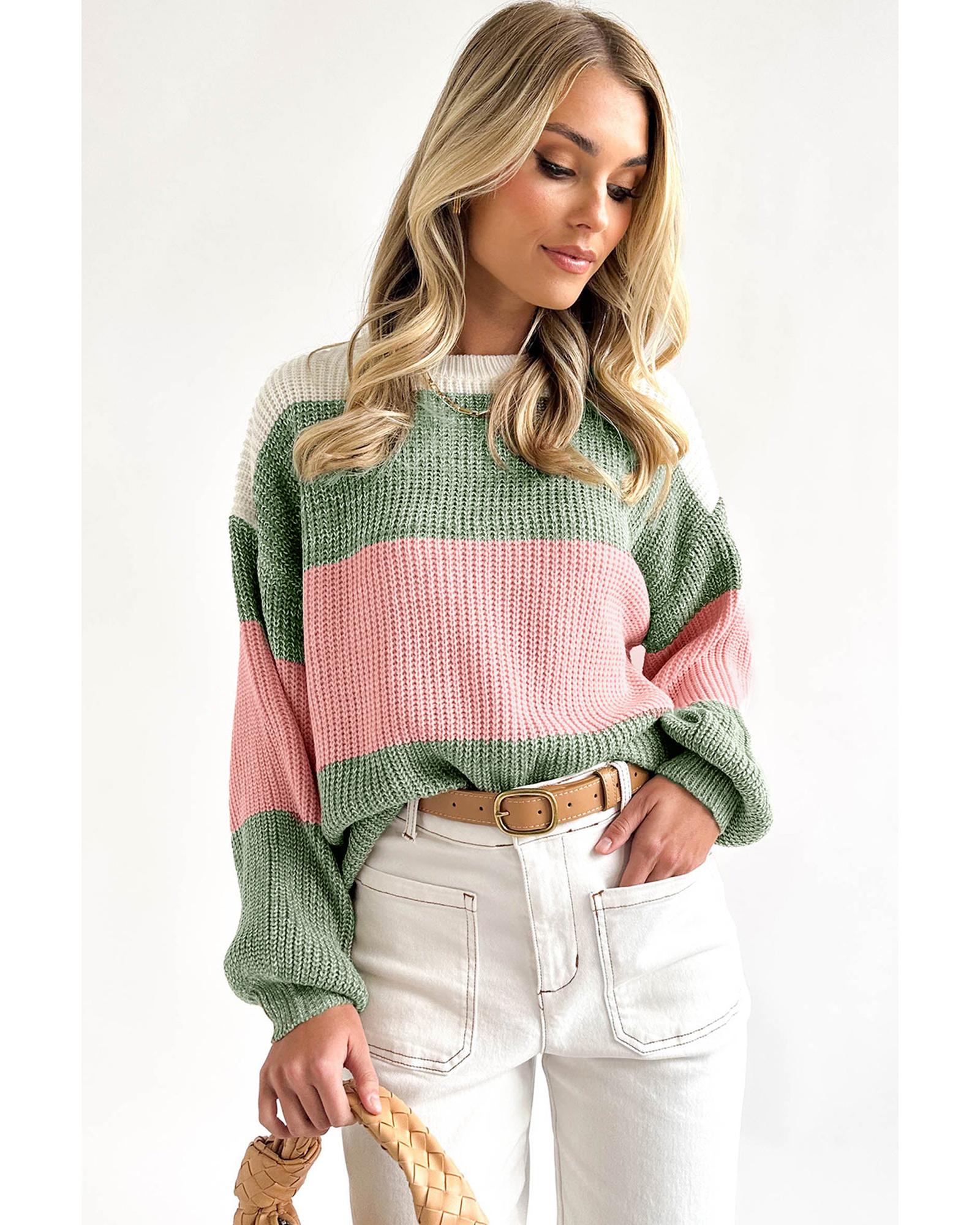V539-AZEXDC2723079-109-XL-202508300140-00 Green Colorblock Drop Shoulder Pullover Loose Sweater - XL - Image 1
