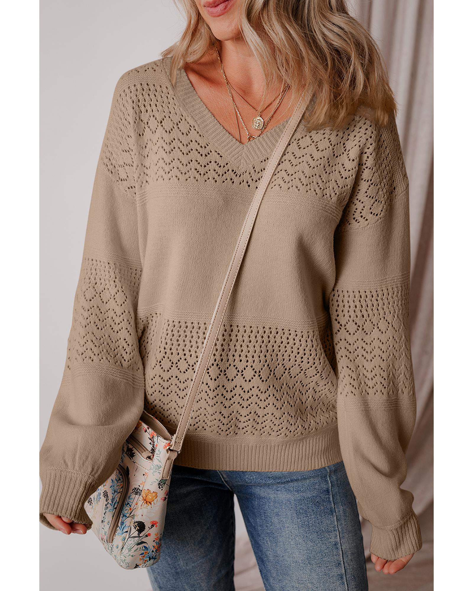 V539-AZEXDC2723137-P1016-L-202508282035-00 Camel Eyelet Pattern Detail V Neck Drop Shoulder Sweater - L - Image 1