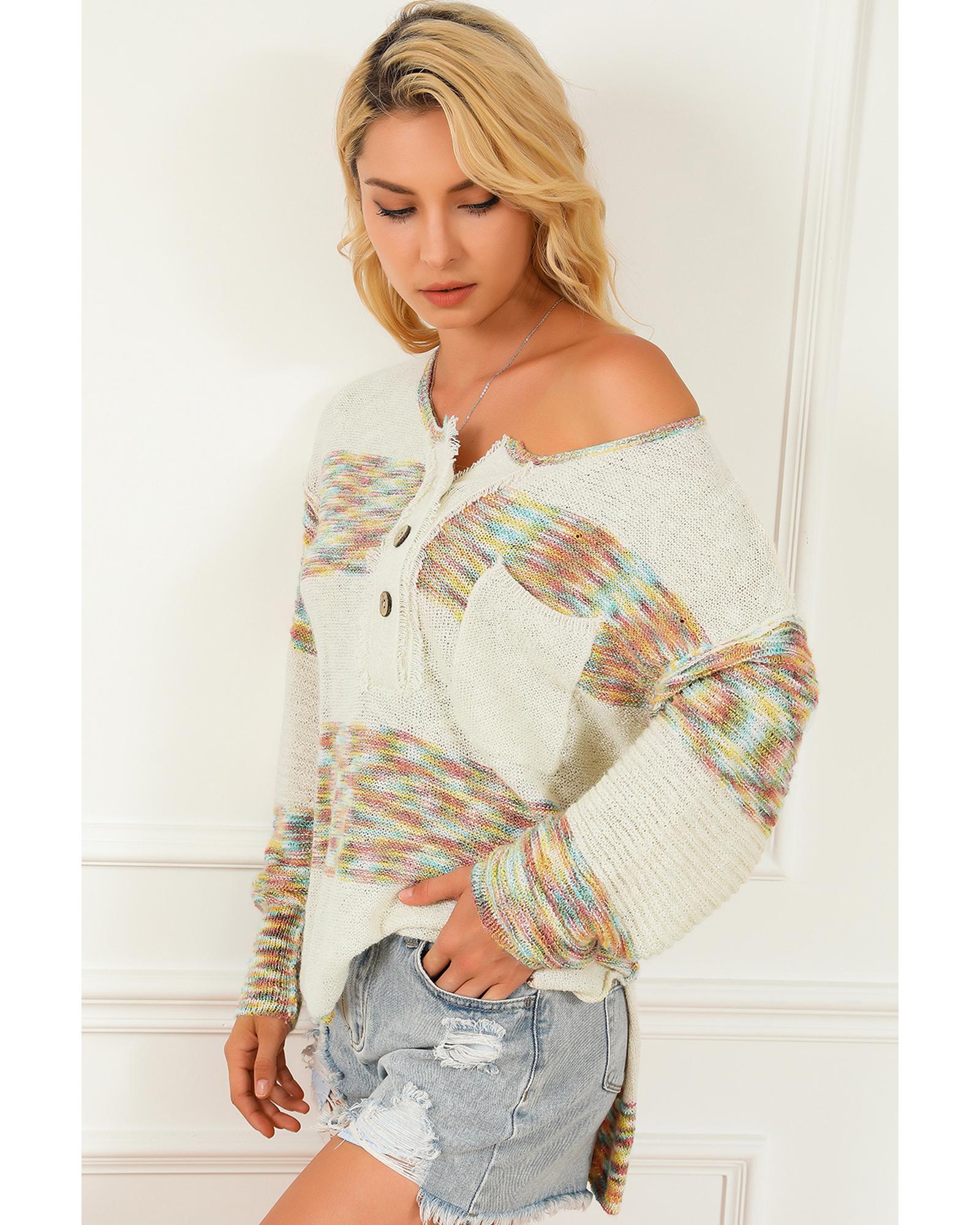 V539-AZEXDC2723151-22-L-202508300215-00 Multicolor Space Dye Henley Knit Sweater - L - Image 1