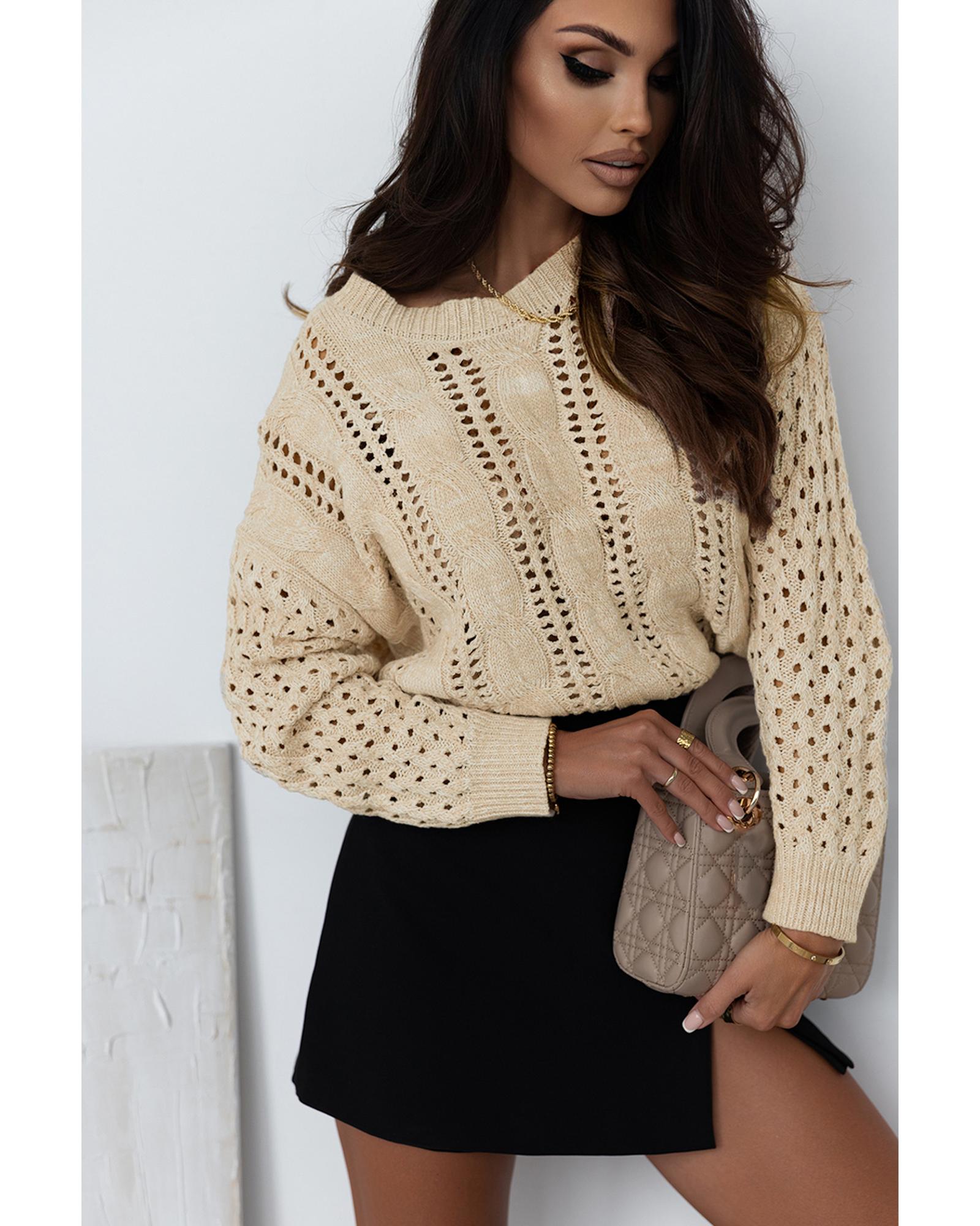 V539-AZEXDC2723209-16-XL-202508291645-00 Khaki Eyelets Cable Knit Drop Shoulder Sweater - XL - Image 1