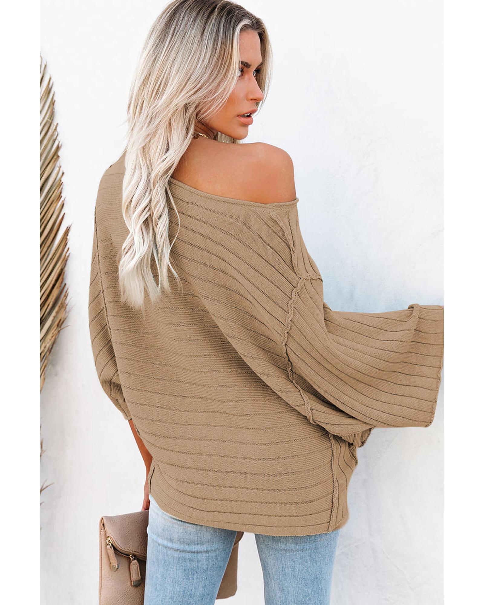 V539-AZEXDC2723218-17-XL-202508300555-00 Brown Exposed Seam Ribbed Knit Dolman Top - XL - Image 1