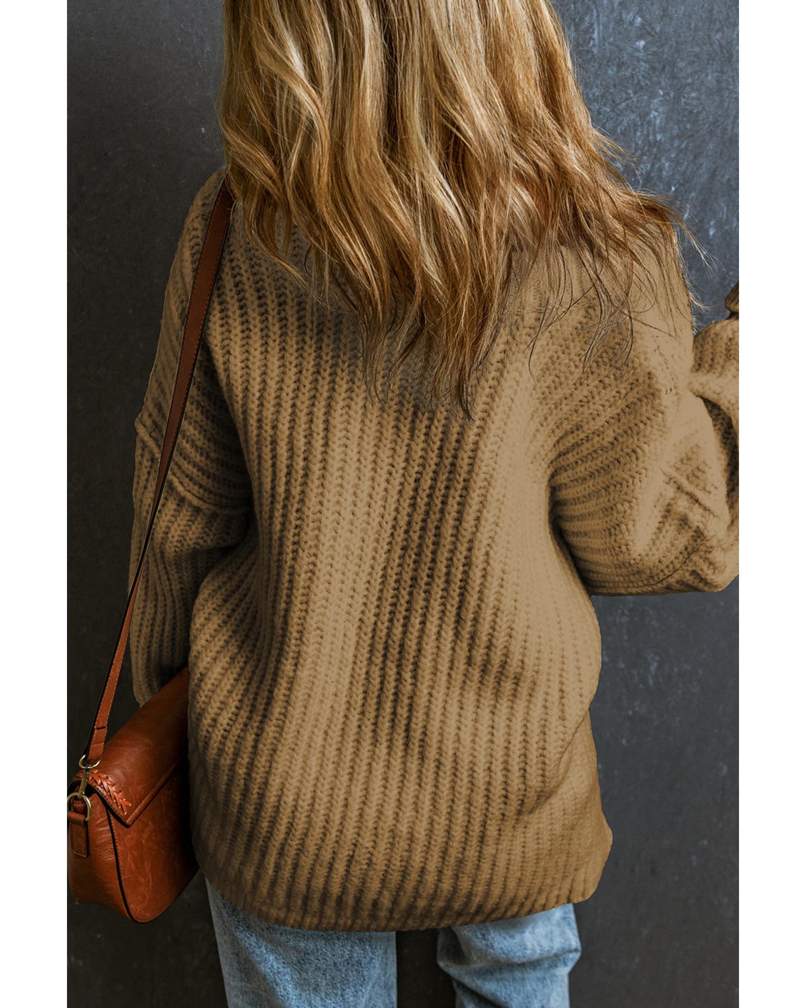 V539-AZEXDC2723310-P5016-M-202508280625-00 Khaki Ribbed Knit Round Neck Slouchy Chunky Sweater - M - Image 1