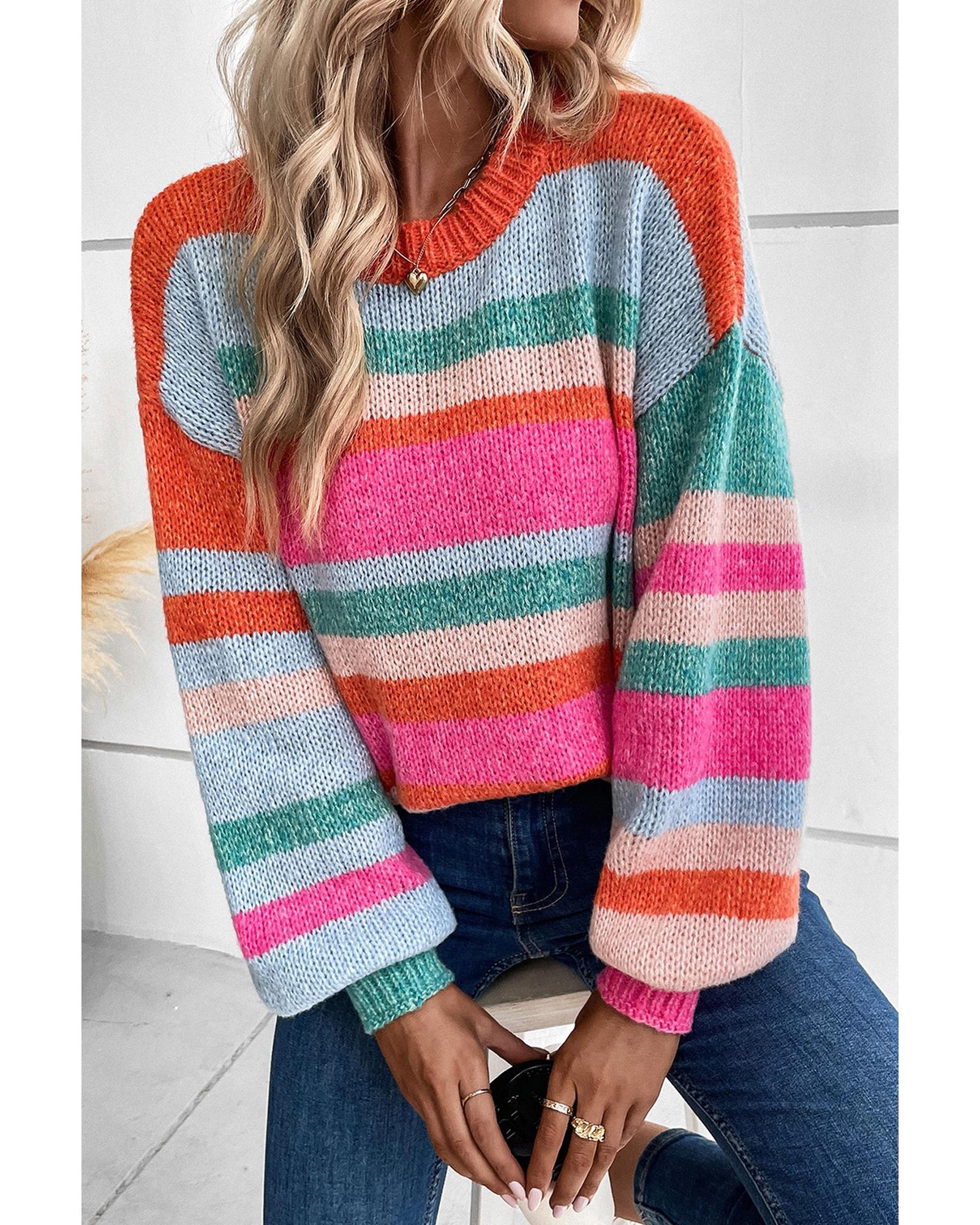 V539-AZEXDC2723367-22-L-202508290100-00 Multicolor Striped Knit Drop Shoulder Puff Sleeve Sweater - L - Image 1