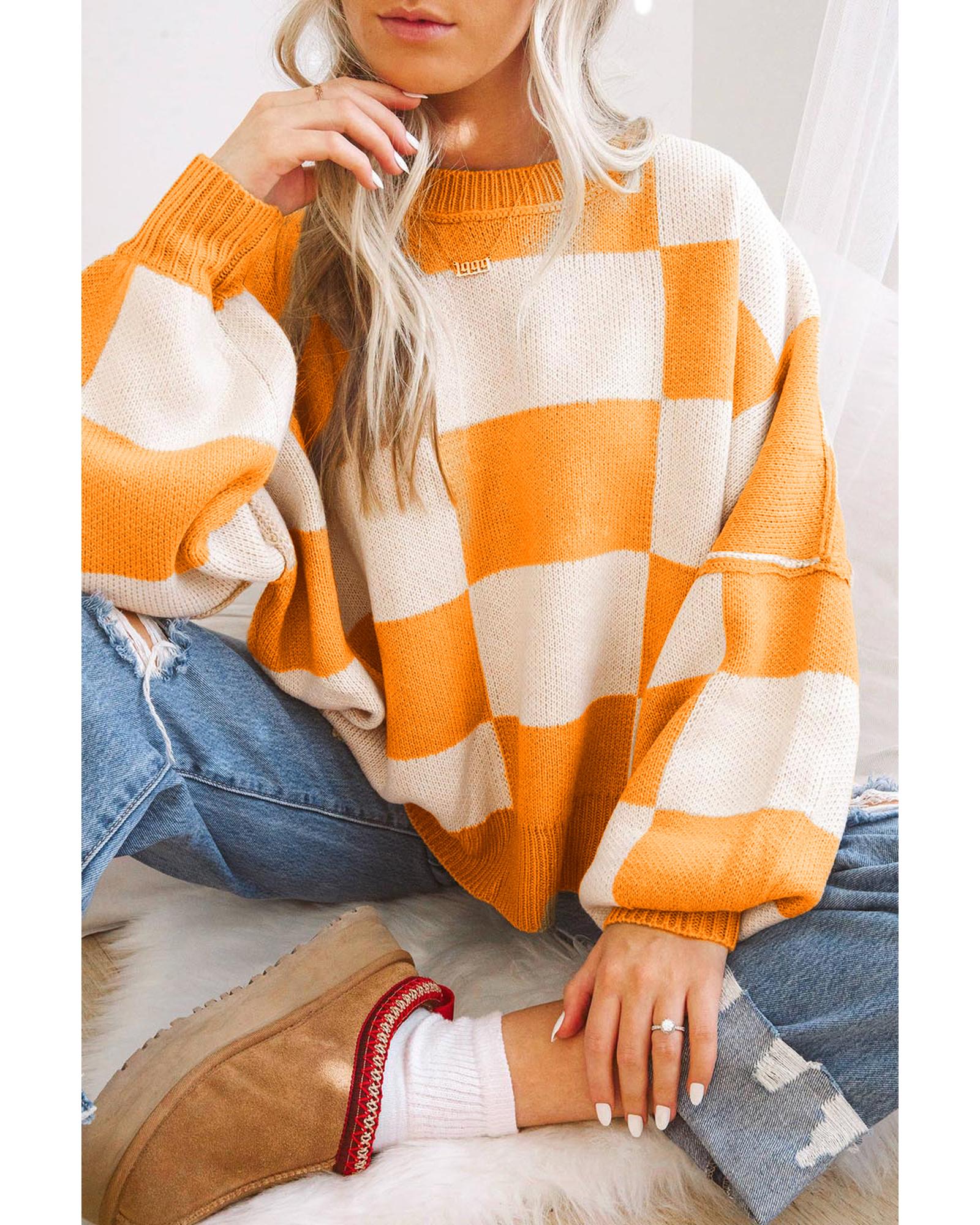 V539-AZEXDC2723492-P3014-L-202508291550-00 Orange Checkered Bishop Sleeve Sweater - L - Image 1