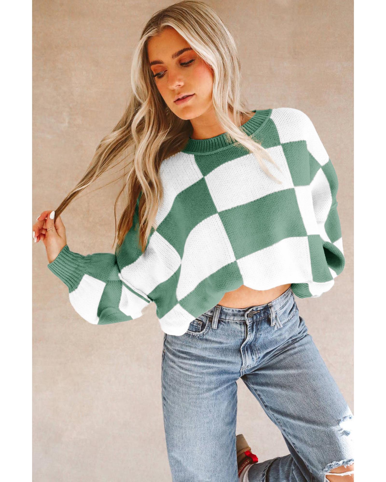 V539-AZEXDC2723492-P919-S-202508300655-00 Green Checkered Bishop Sleeve Sweater - S - Image 1