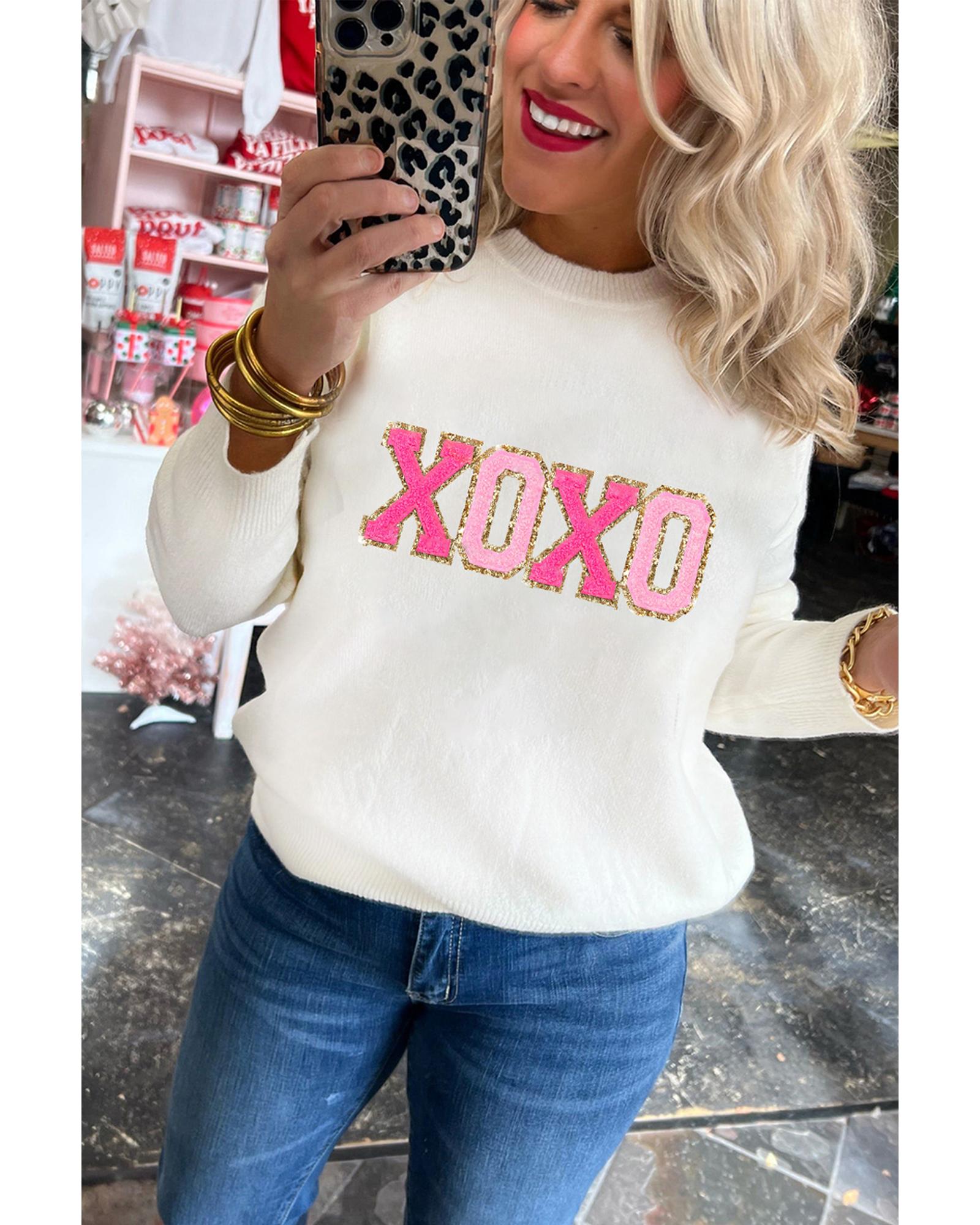 V539-AZEXDC2723655-P122-L-202508290130-00 White XOXO Glitter Print Round Neck Casual Sweater - L - Image 1