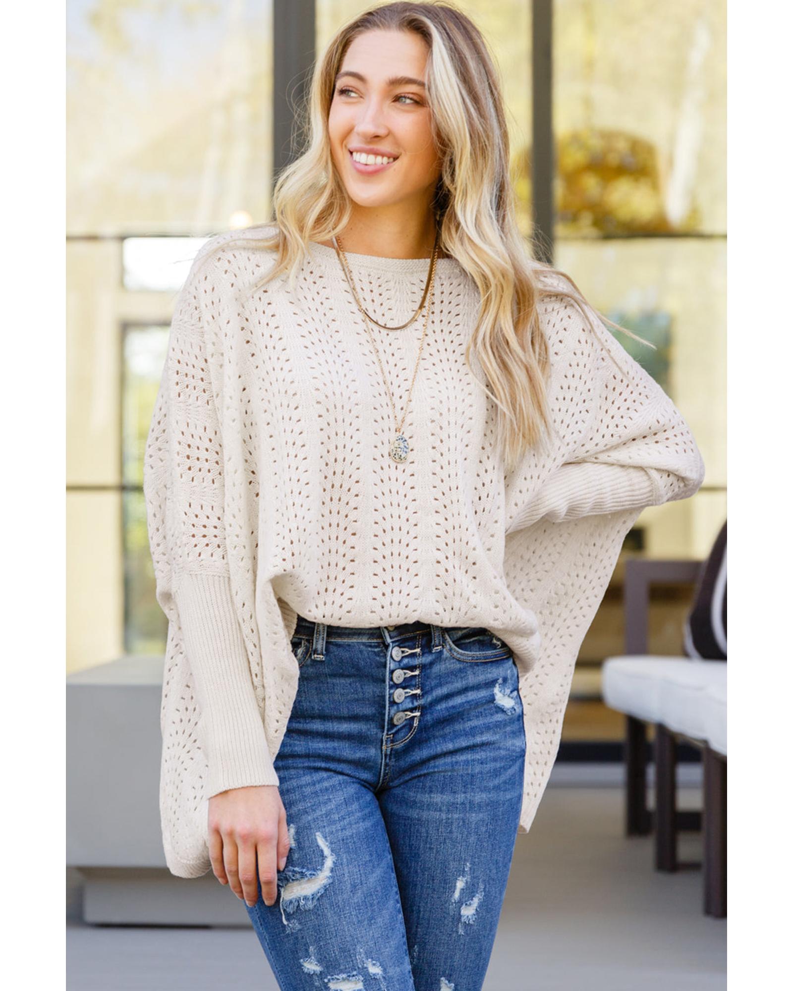 V539-AZEXDC2723681-15-XL-202508280340-00 Beige Ribbed Hollow Knit Dolman Sleeve Sweater - XL - Image 1