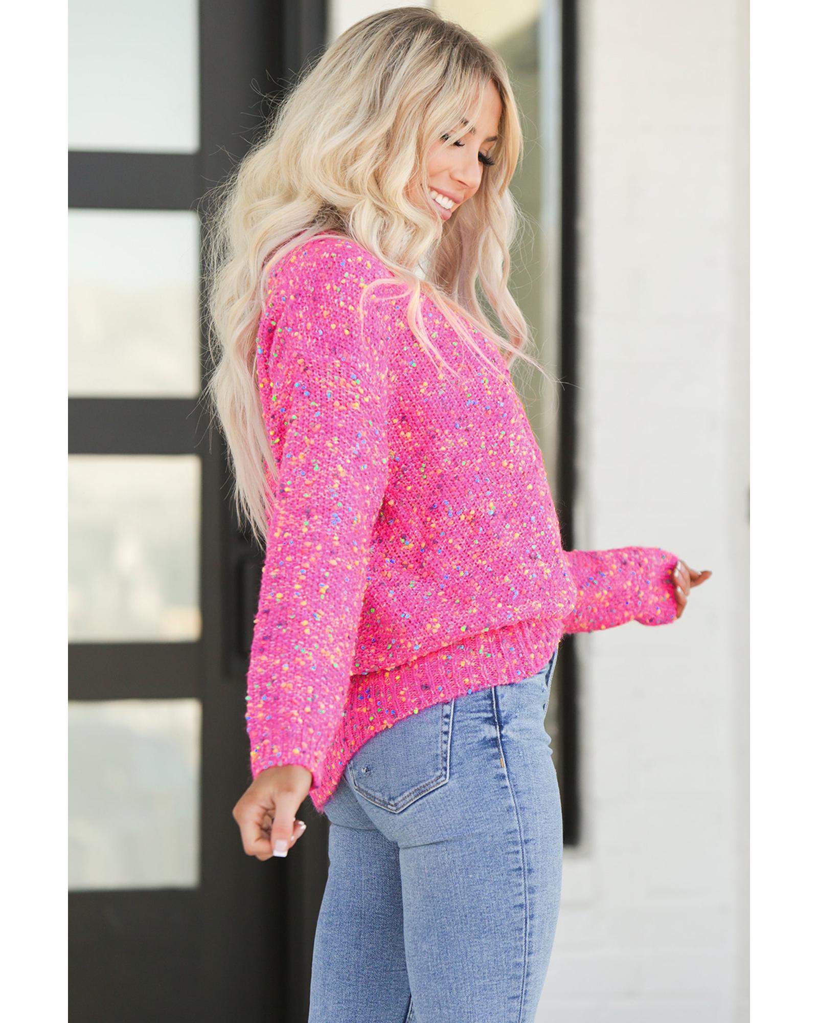 V539-AZEXDC2723780-P106-M-202508282345-00 Dark Pink Colorful Spots Knitted V Neck Casual Sweater - M - Image 1