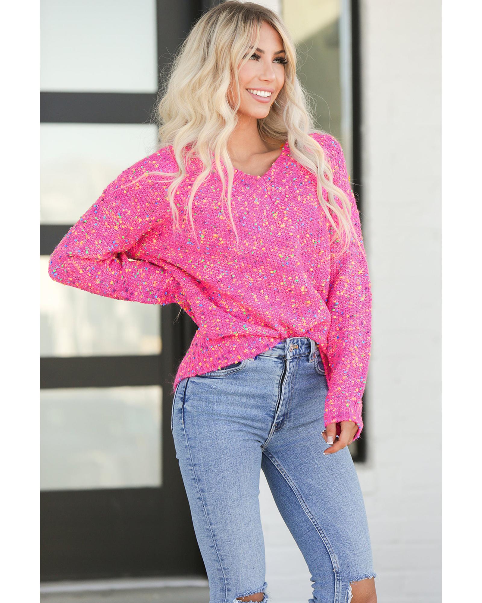 V539-AZEXDC2723780-P106-XL-202508291305-00 Dark Pink Colorful Spots Knitted V Neck Casual Sweater - XL - Image 1