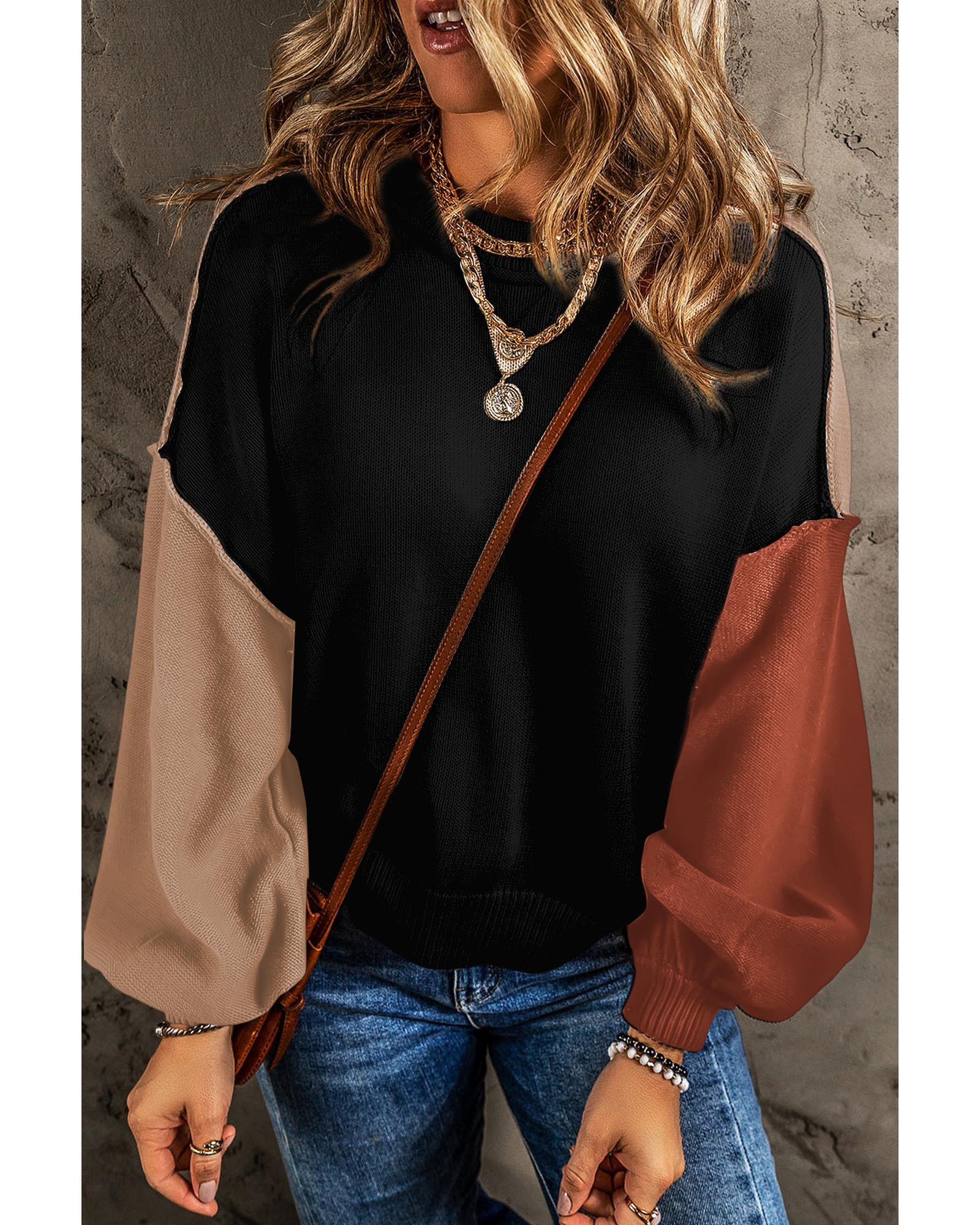 V539-AZEXDC2723854-P2-S-202506140142-00 Black Colorblock Bishop Sleeve Ribbed Trim Sweater - S - Image 1