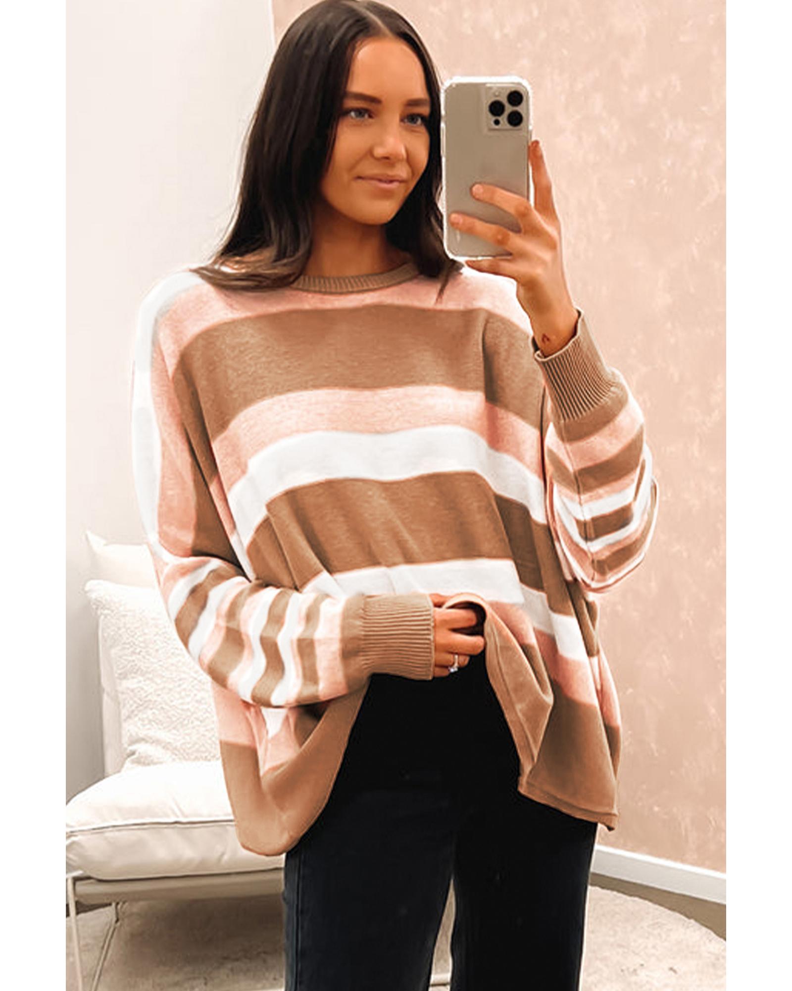V539-AZEXDC2723896-P22-M-202508281000-00 Multicolour Striped Knit Drop Shoulder Loose Sweater - M - Image 1