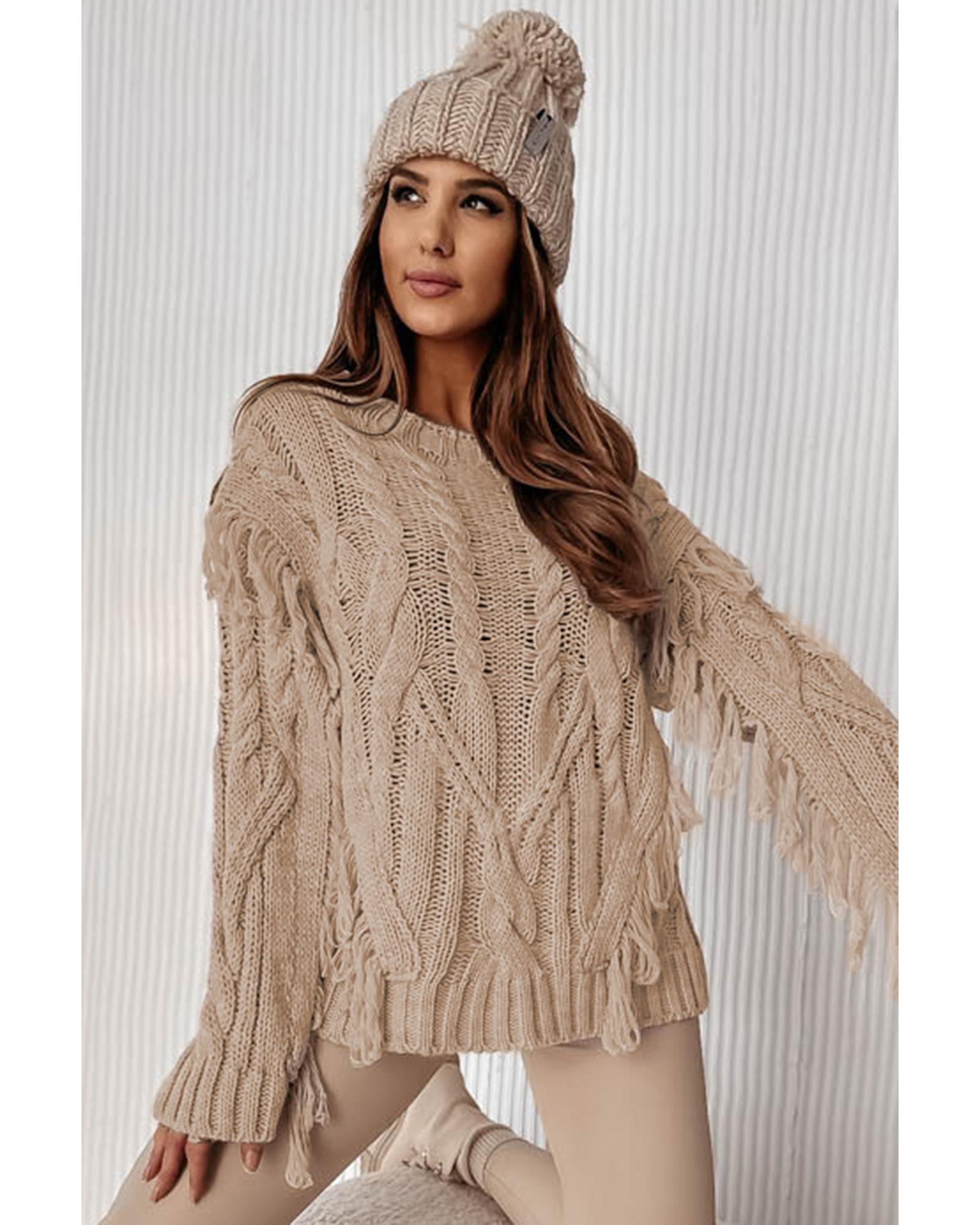 V539-AZEXDC2723956-P6016-M-202508280110-00 Parchment Tasseled Braided Knit Sweater - M - Image 1