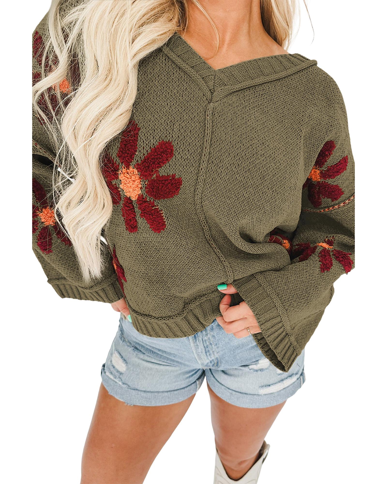 V539-AZEXDC2724057-P909-M-202508291820-00 Sage Green Flower Knit Ribbed Trim V Neck Sweater - M - Image 1