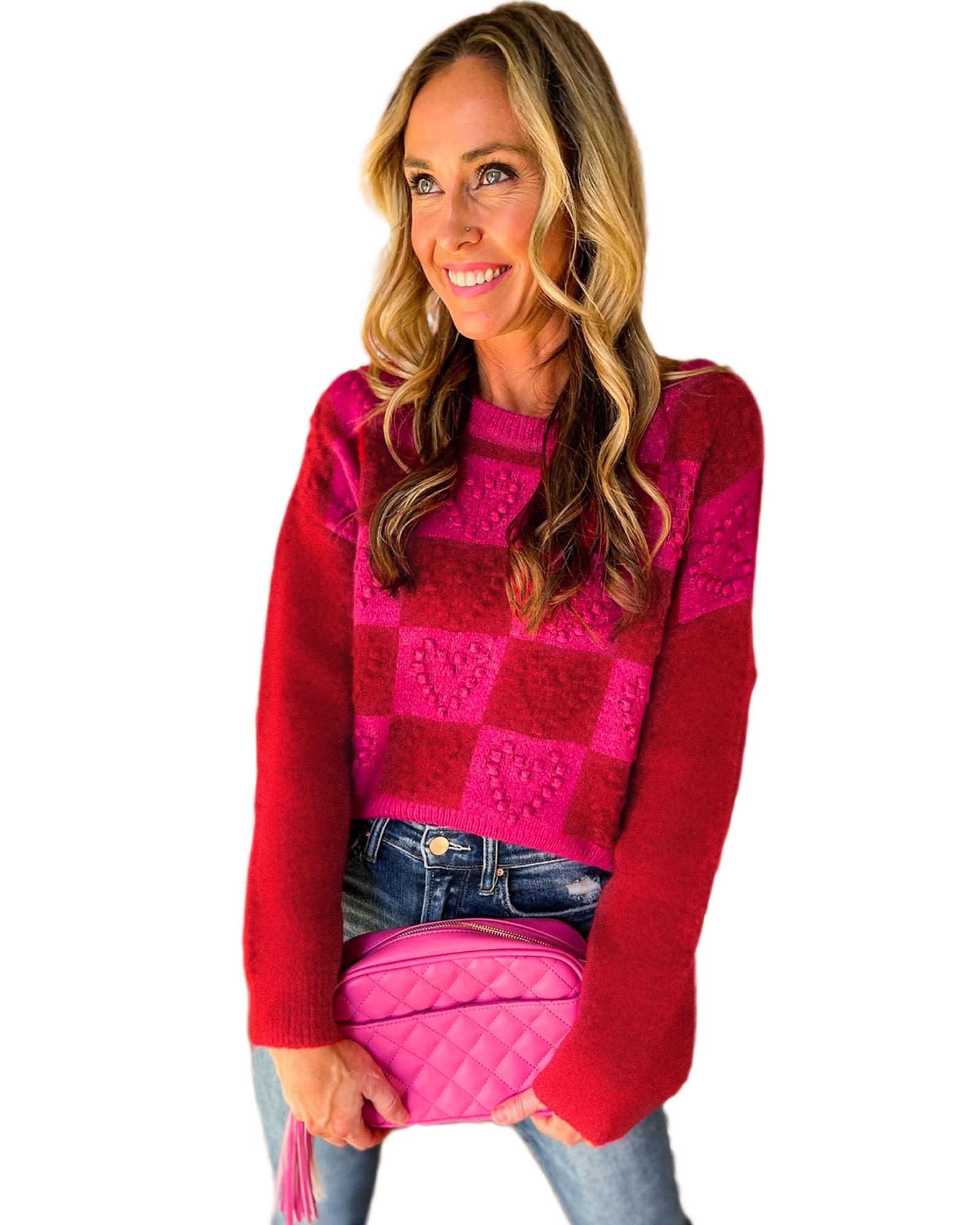 V539-AZEXDC2724207-P322-S-202508290030-00 Multicolor Checkered Pattern Heart Detail Textured Sweater - S - Image 1