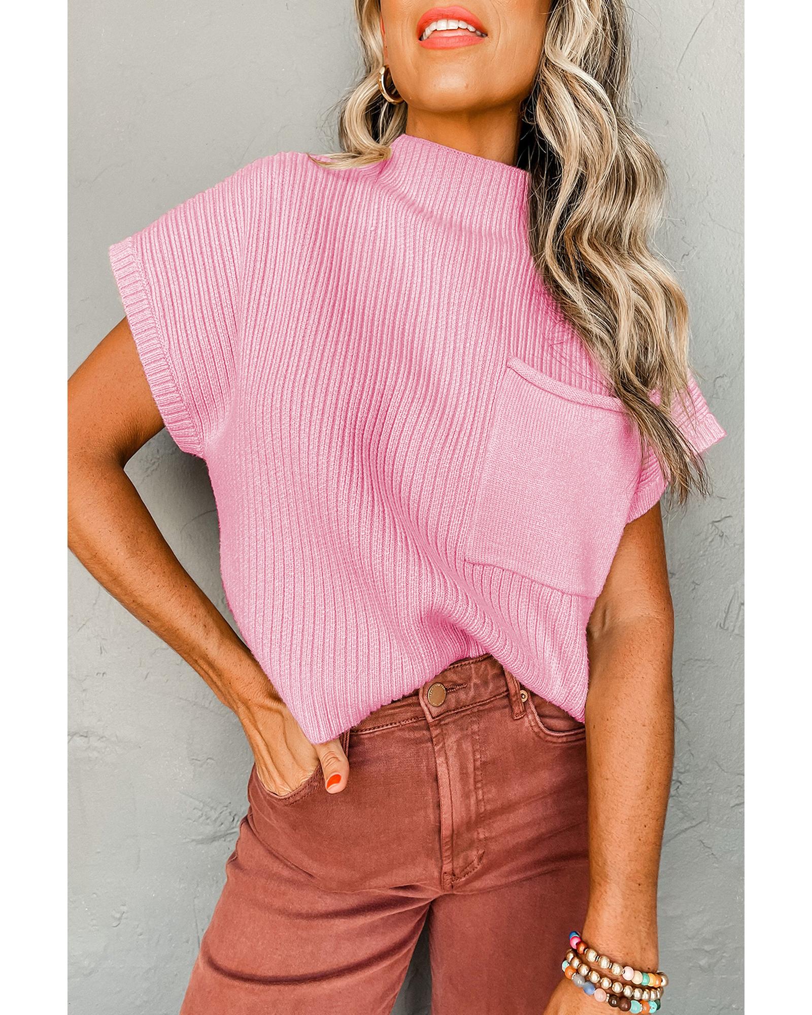 V539-AZEXDC2724250-P10-2XL-202506132235-00 Pink Patch Pocket Ribbed Knit Short Sleeve Sweater - 2XL - Image 1
