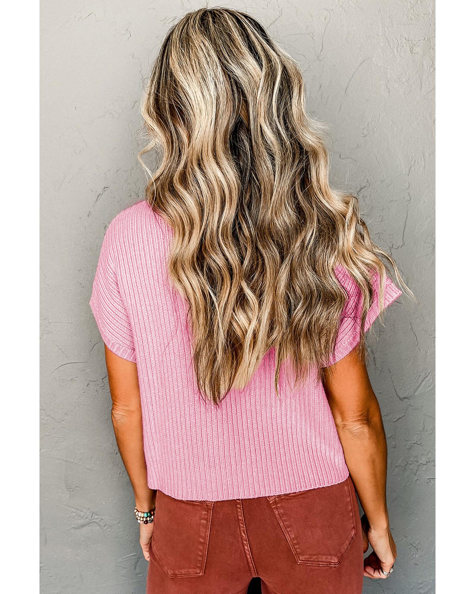 V539-AZEXDC2724250-P10-L-202508292135-00 Pink Patch Pocket Ribbed Knit Short Sleeve Sweater - L - Image 1