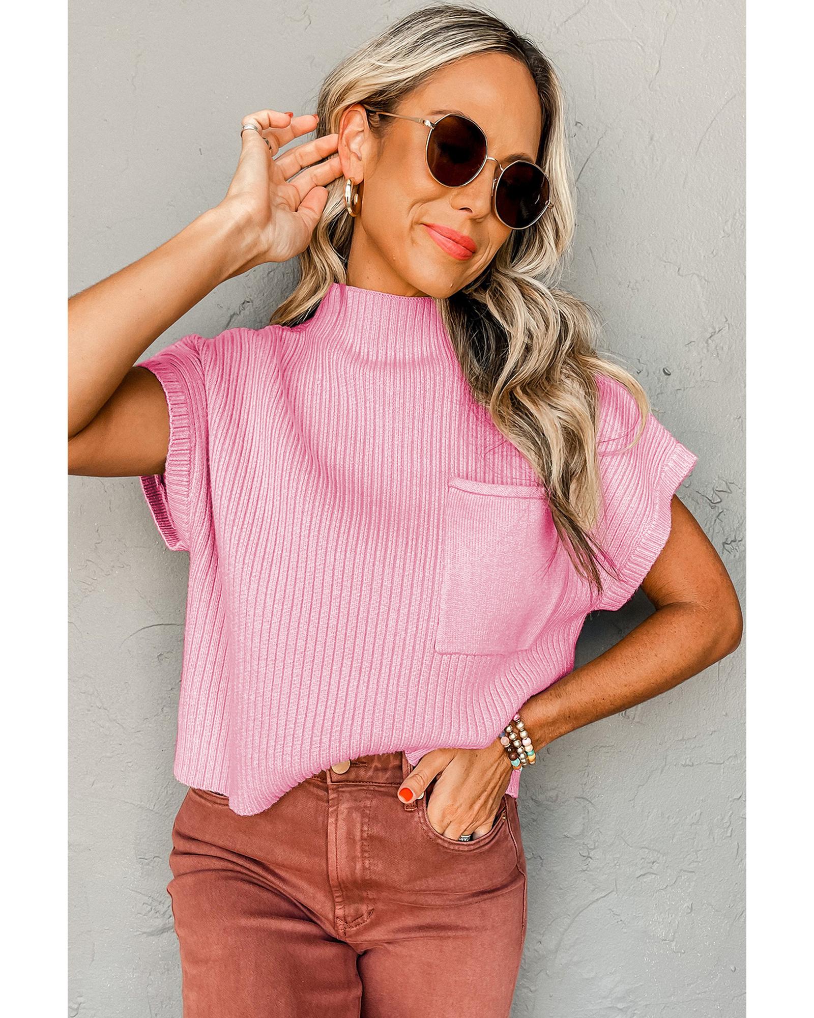 V539-AZEXDC2724250-P10-M-202508292345-00 Pink Patch Pocket Ribbed Knit Short Sleeve Sweater - M - Image 1