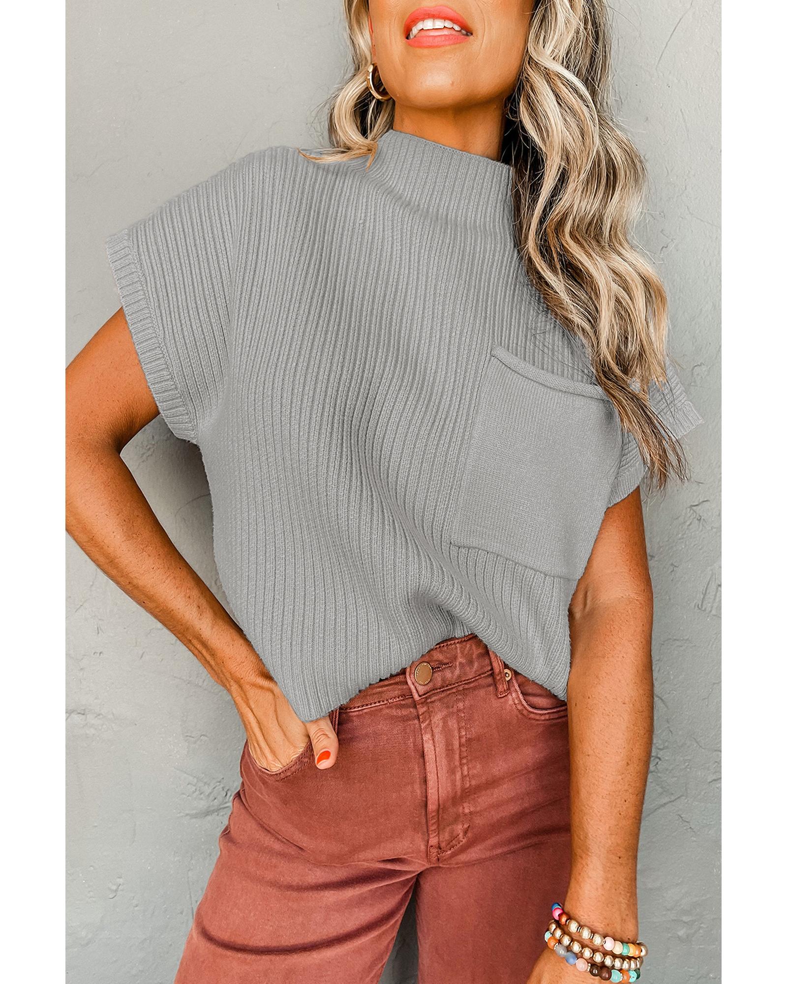 V539-AZEXDC2724250-P11-S-202506132240-00 Gray Patch Pocket Ribbed Knit Short Sleeve Sweater - S - Image 1