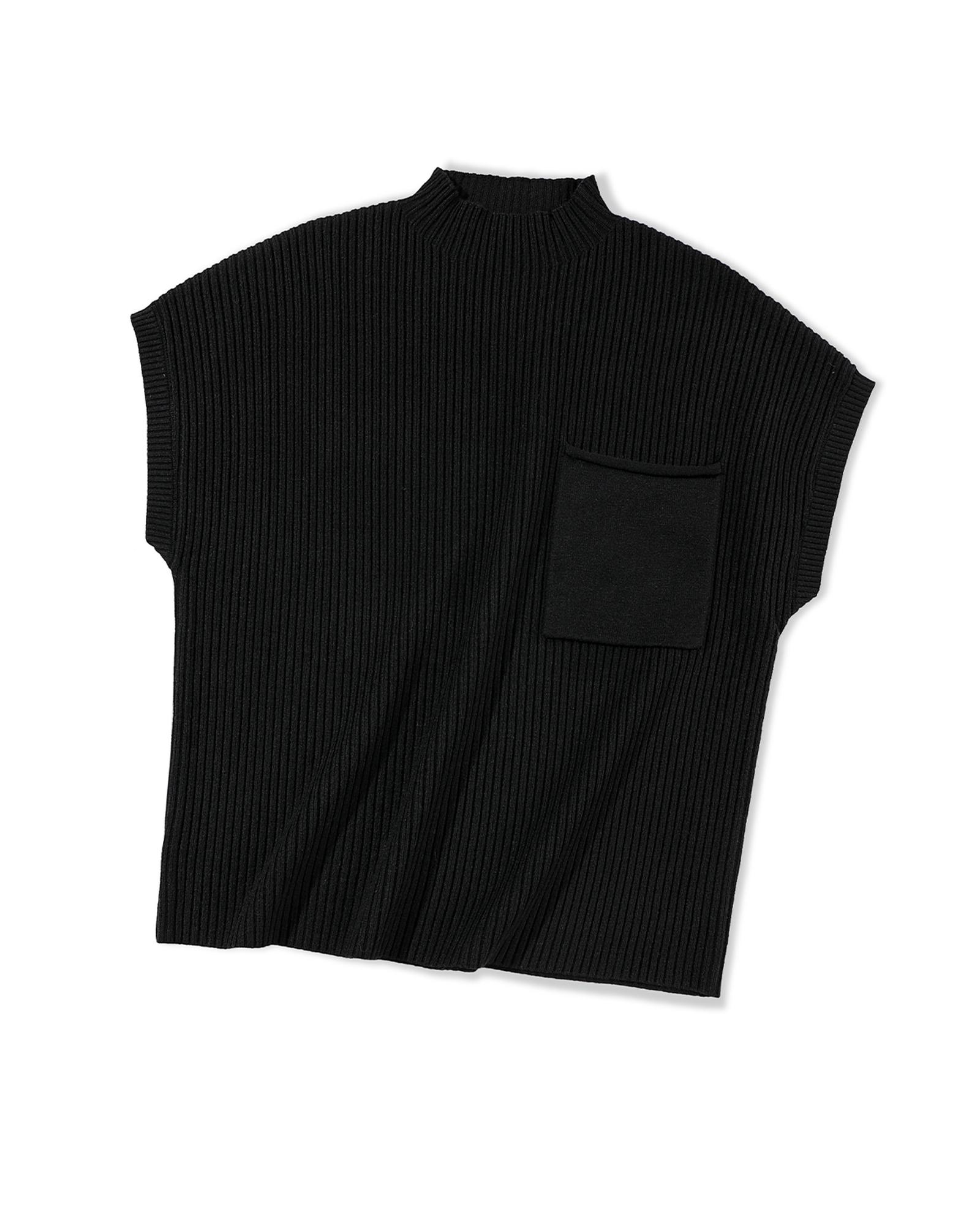V539-AZEXDC2724250-P2-XL-202508280650-00 Black Patch Pocket Ribbed Knit Short Sleeve Sweater - XL - Image 1