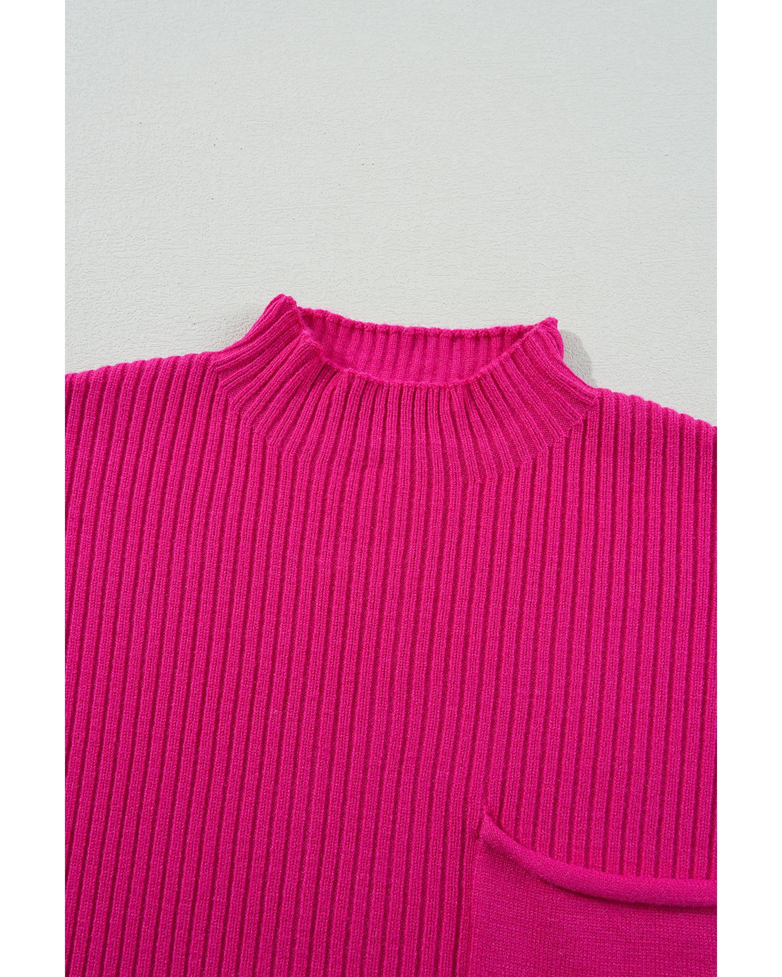 V539-AZEXDC2724250-P6-XL-202508292225-00 Rose Red Patch Pocket Ribbed Knit Short Sleeve Sweater - XL - Image 1