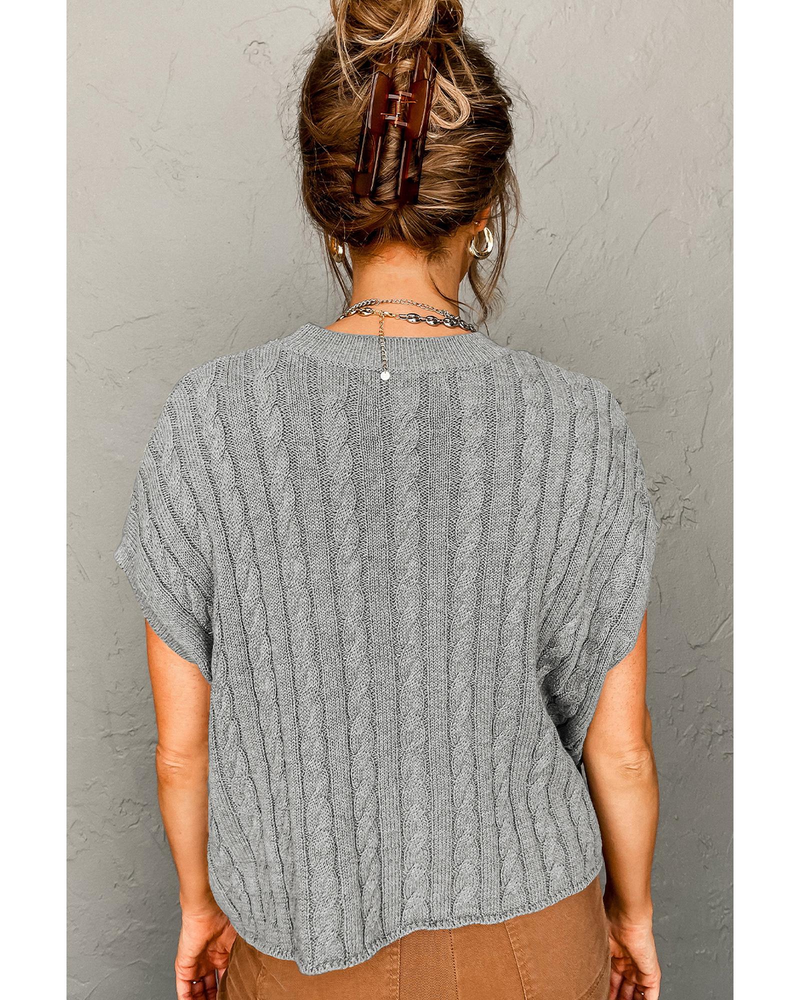 V539-AZEXDC2724323-P11-L-202508280425-00 Gray Crew Neck Cable Knit Short Sleeve Sweater - L - Image 1