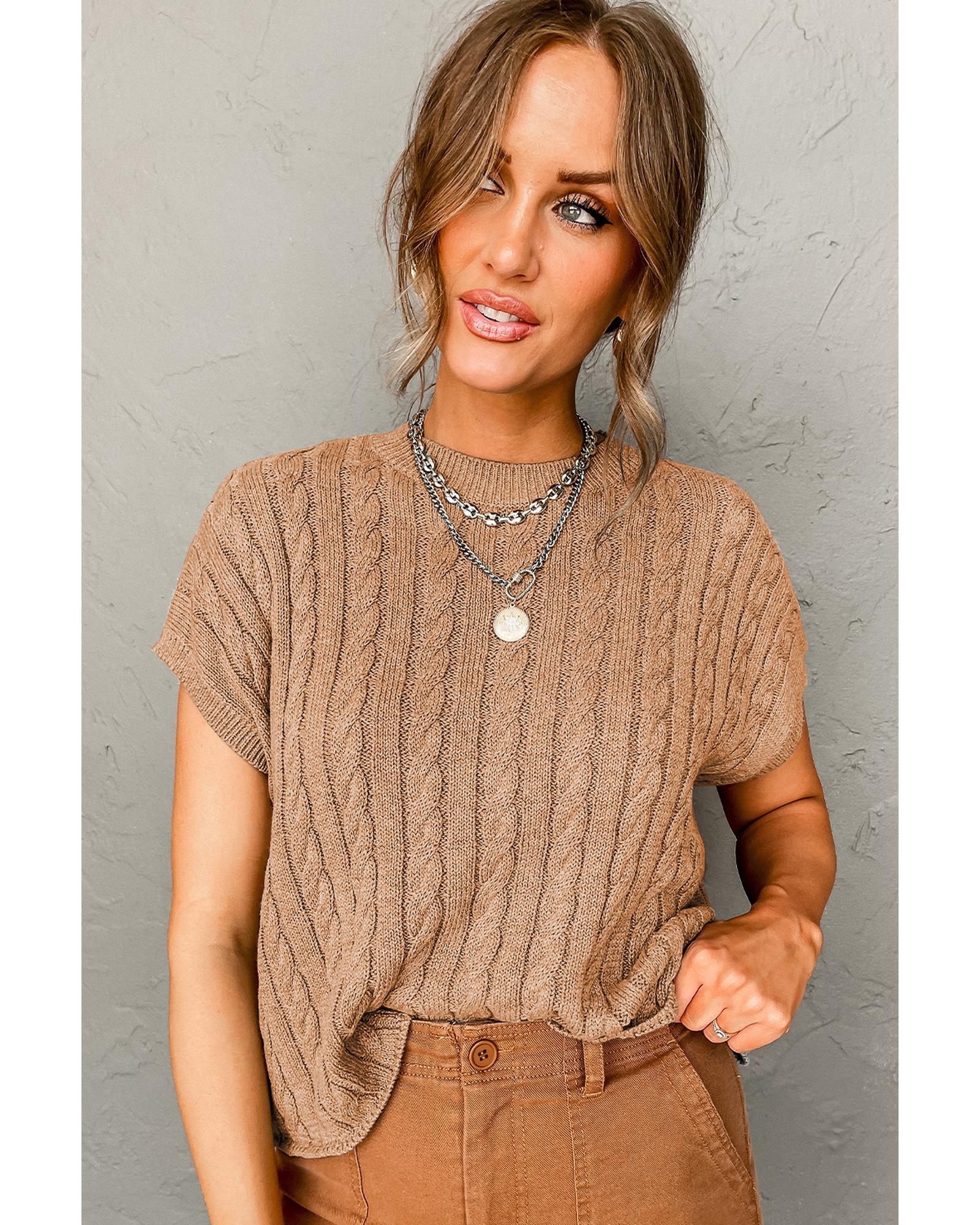 V539-AZEXDC2724323-P4016-XL-202508281805-00 Light French Beige Crew Neck Cable Knit Short Sleeve Sweater - XL - Image 1
