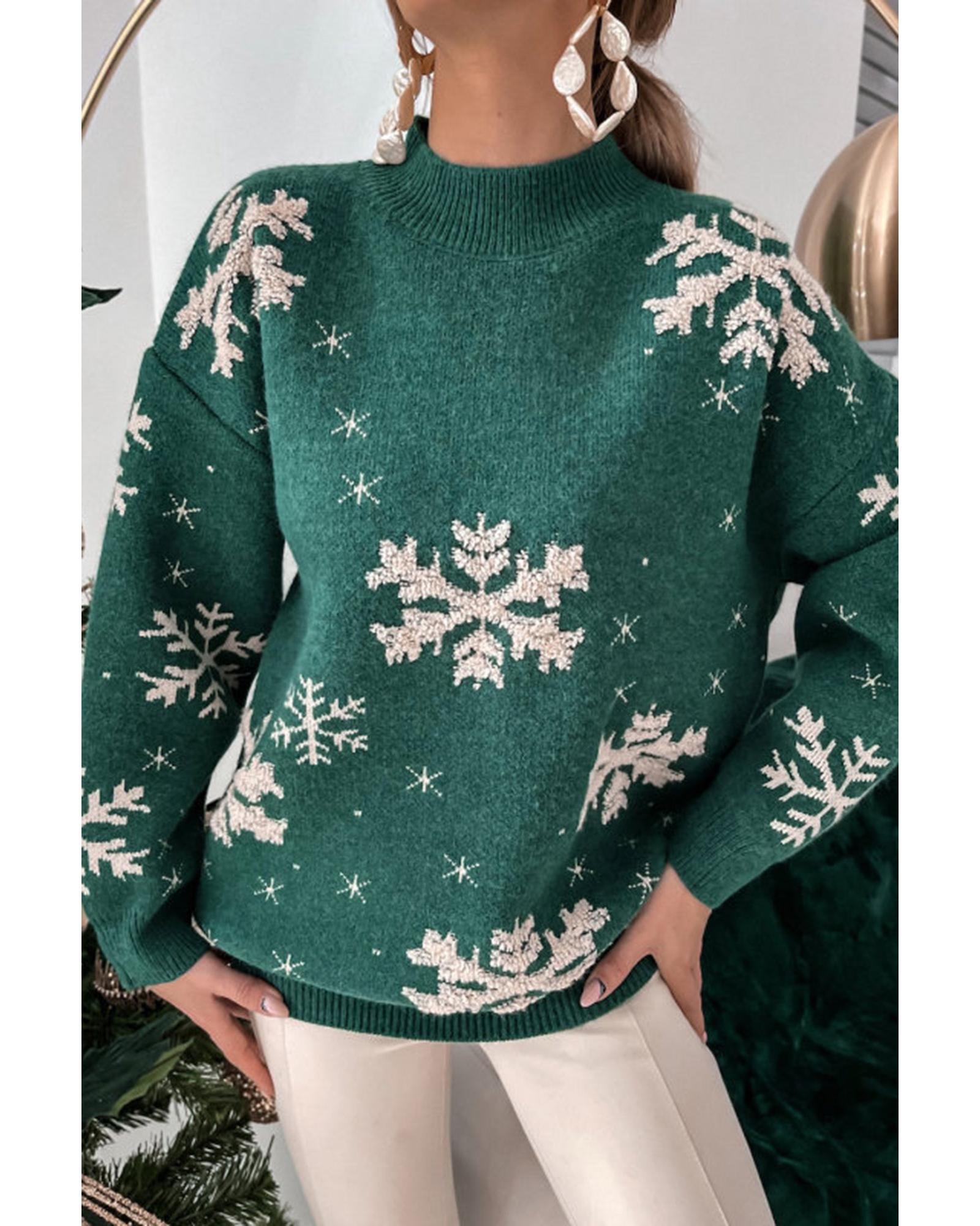 V539-AZEXDC2724335-P309-S-202506132327-00 Blackish Green Christmas Snowflake Mock Neck Sweater - S - Image 1