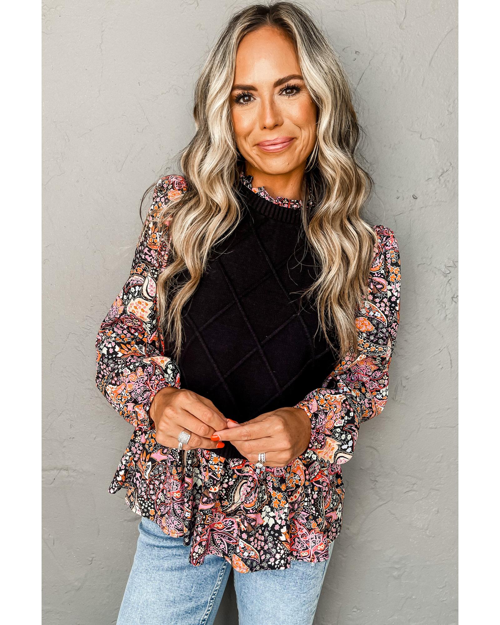 V539-AZEXDC2724346-P2-S-202506132330-00 Black Contrast Floral Sleeve Peplum Sweater - S - Image 1