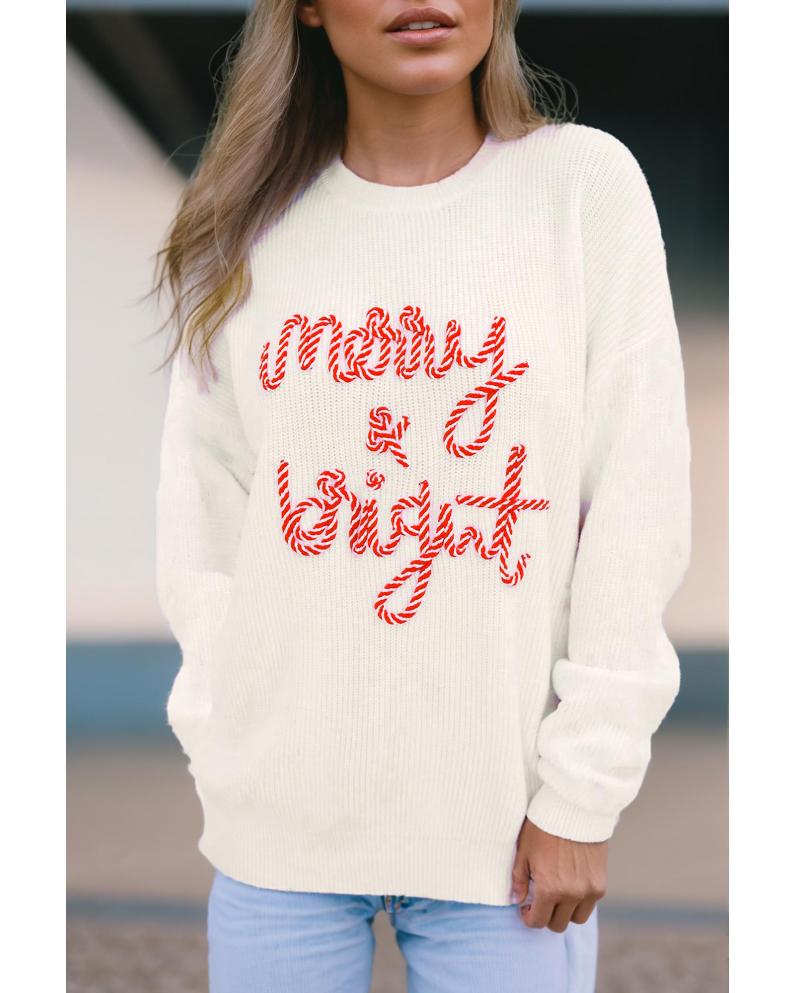 V539-AZEXDC2724446-P1-L-202508282015-00 White Striped Merry Bright Letter Christmas Sweater - L - Image 1
