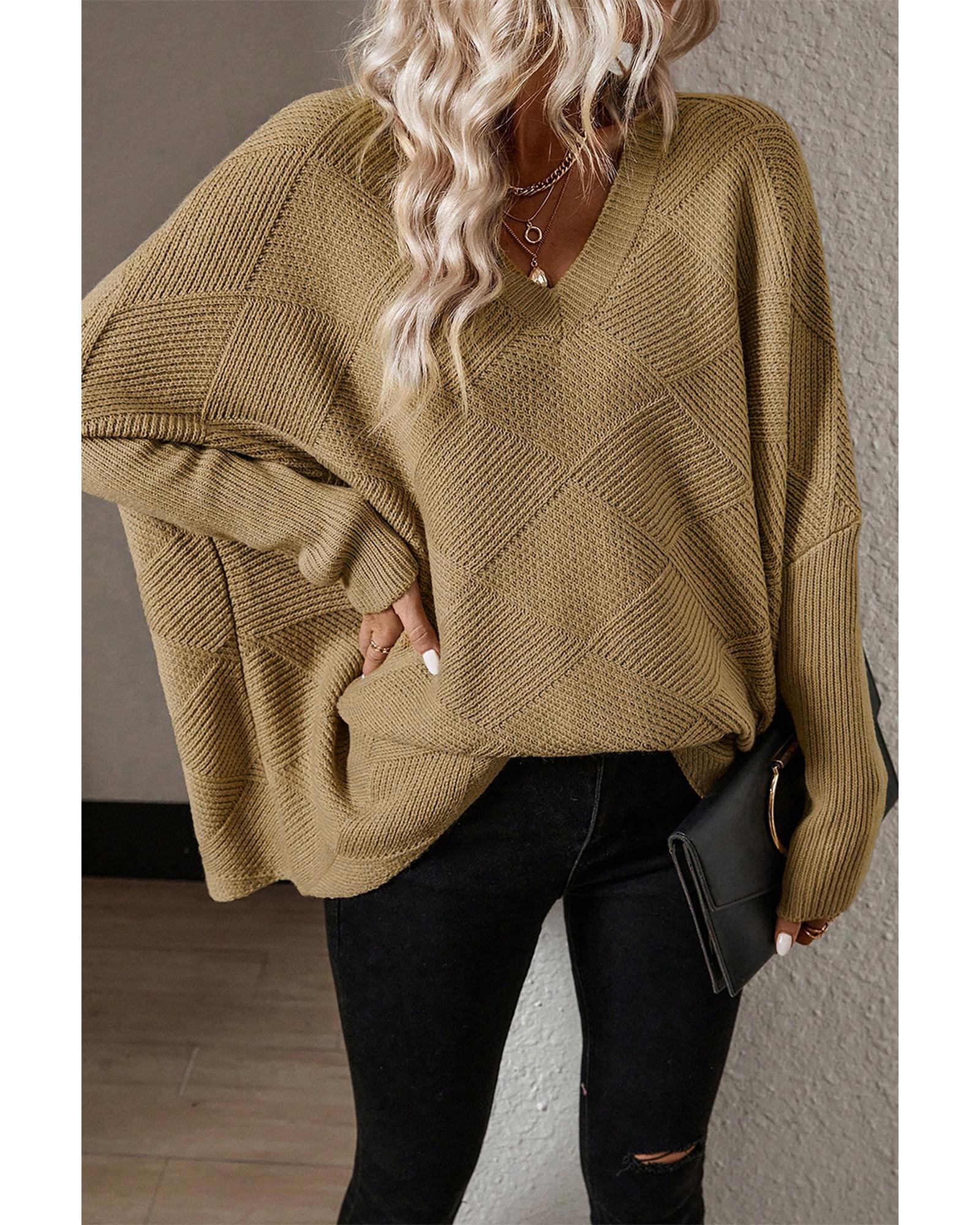 V539-AZEXDC2724486-P1016-S-202506140017-00 Camel Checkered Textured Batwing Sleeve Sweater - S - Image 1