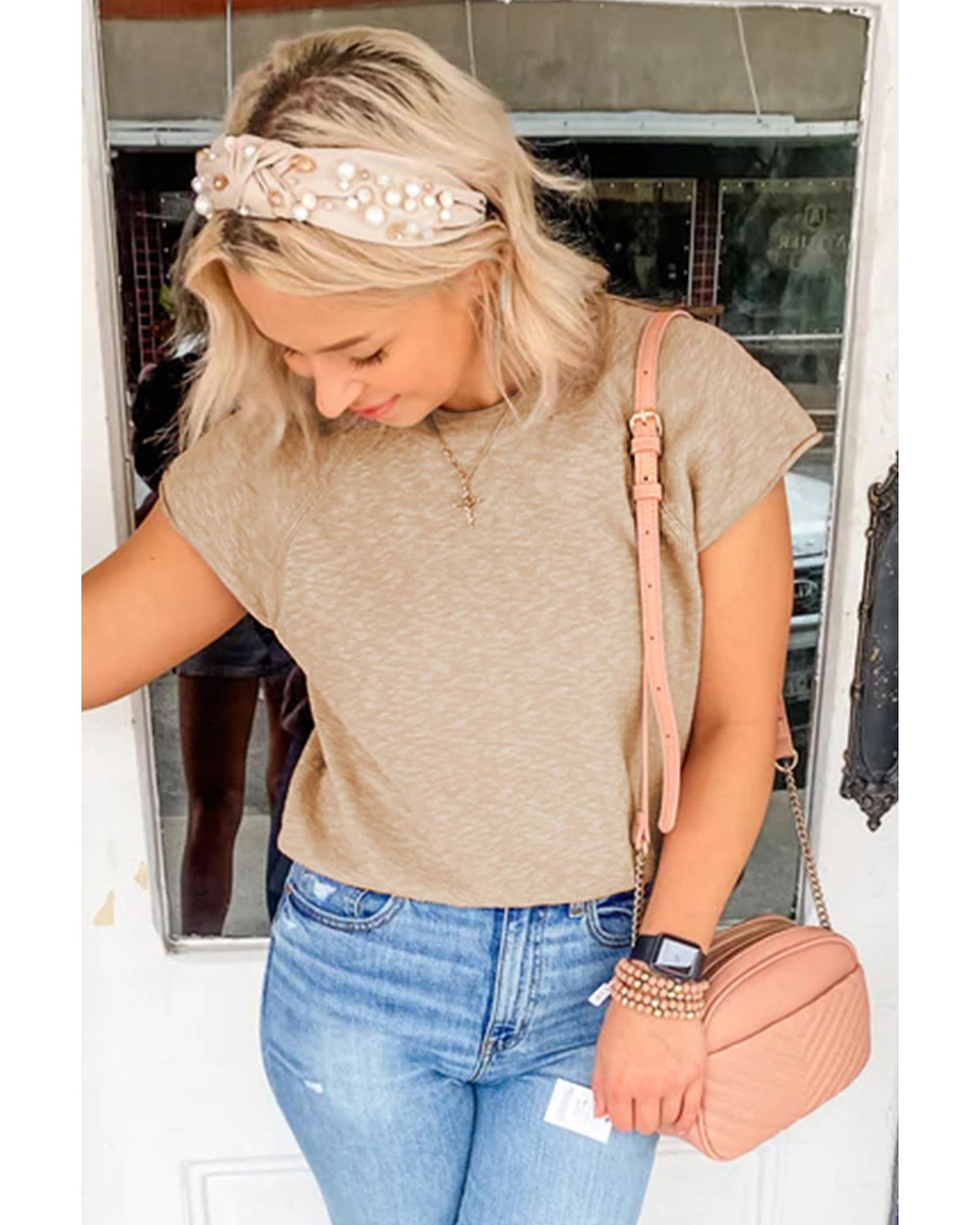 V539-AZEXDC2724492-P7016-M-202508300615-00 Smoke Gray Ribbed Raglan Short Sleeve Sweater - M - Image 1