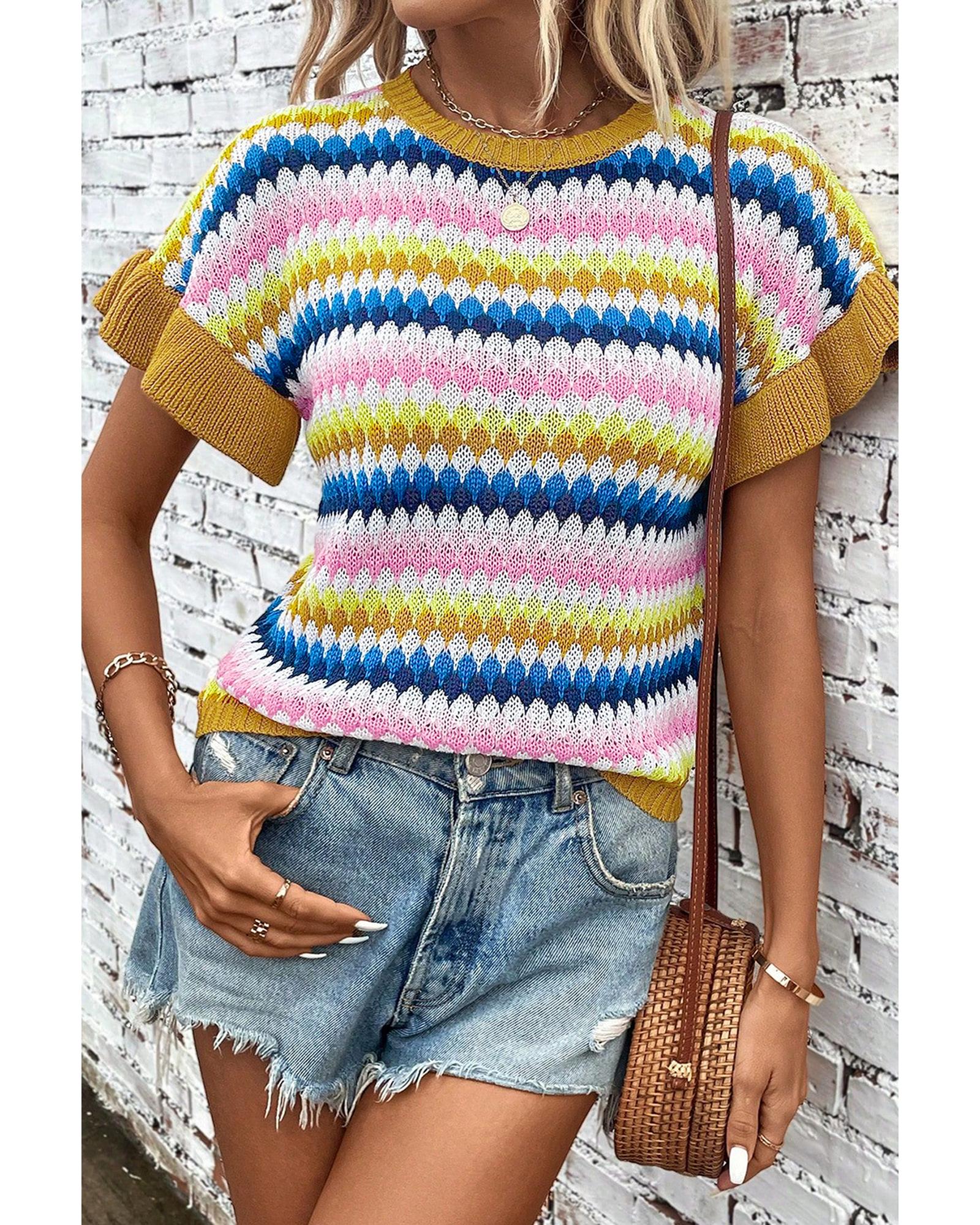 V539-AZEXDC2724522-P1622-M-202508281755-00 Khaki Trimmed Ruffle Sleeve Colorful Textured Sweater - M - Image 1