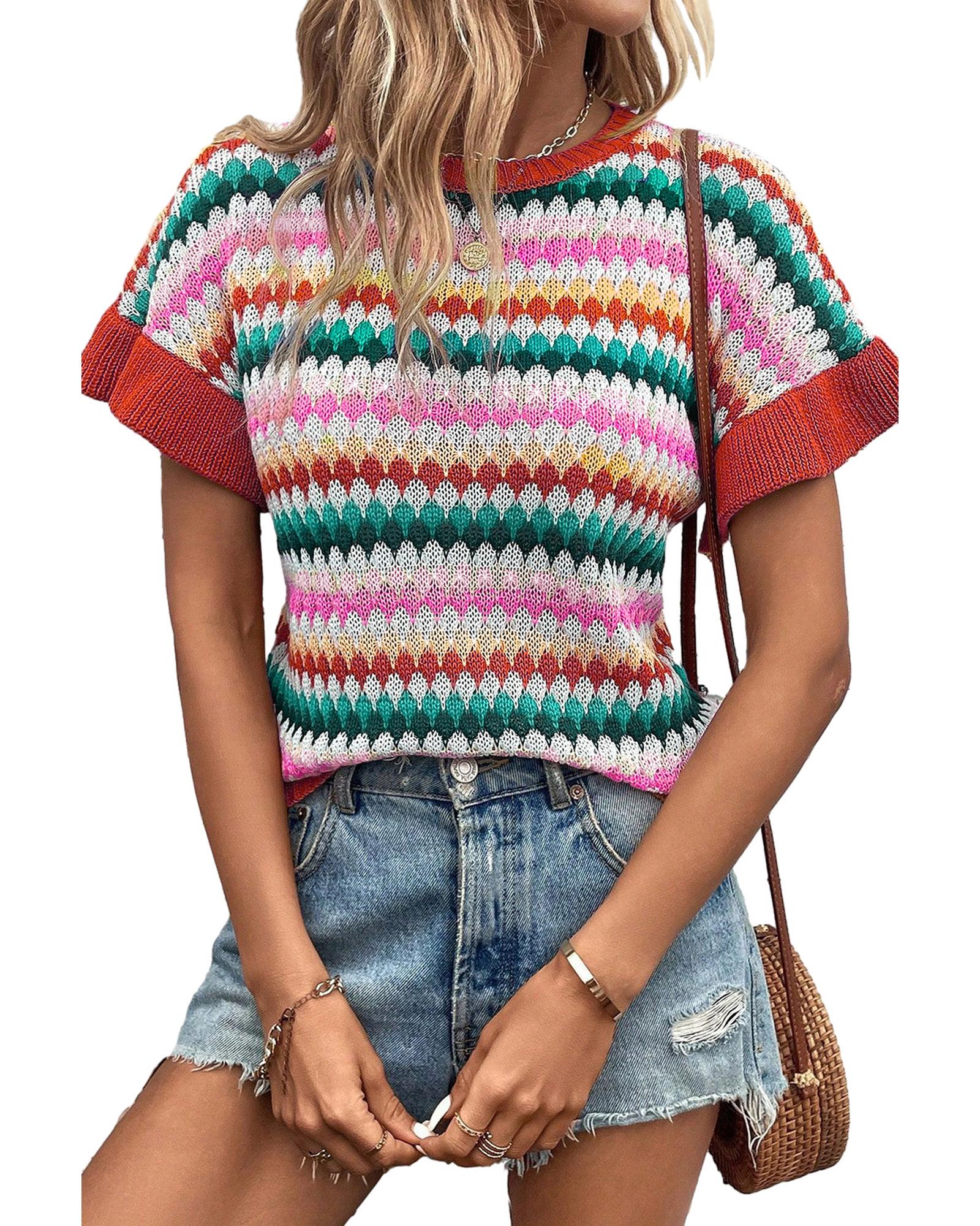 V539-AZEXDC2724522-P3-L-202508282255-00 Fiery Red Trimmed Ruffle Sleeve Colorful Textured Sweater - L - Image 1