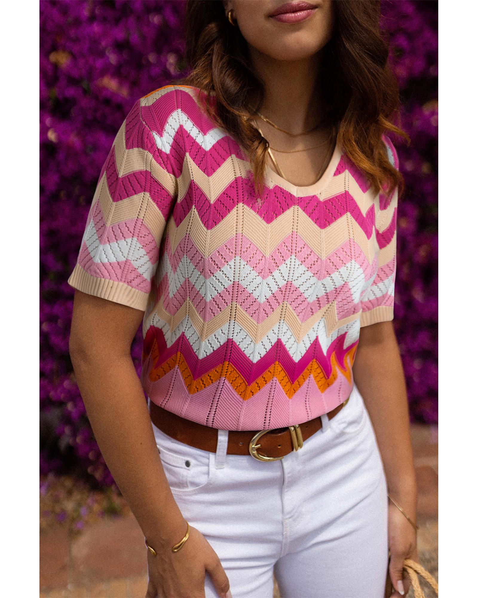 V539-AZEXDC2724563-P1019-L-202508291530-00 Pink Stripe Chevron Pointelle Knit V Neck Short Sleeve Sweater - L - Image 1