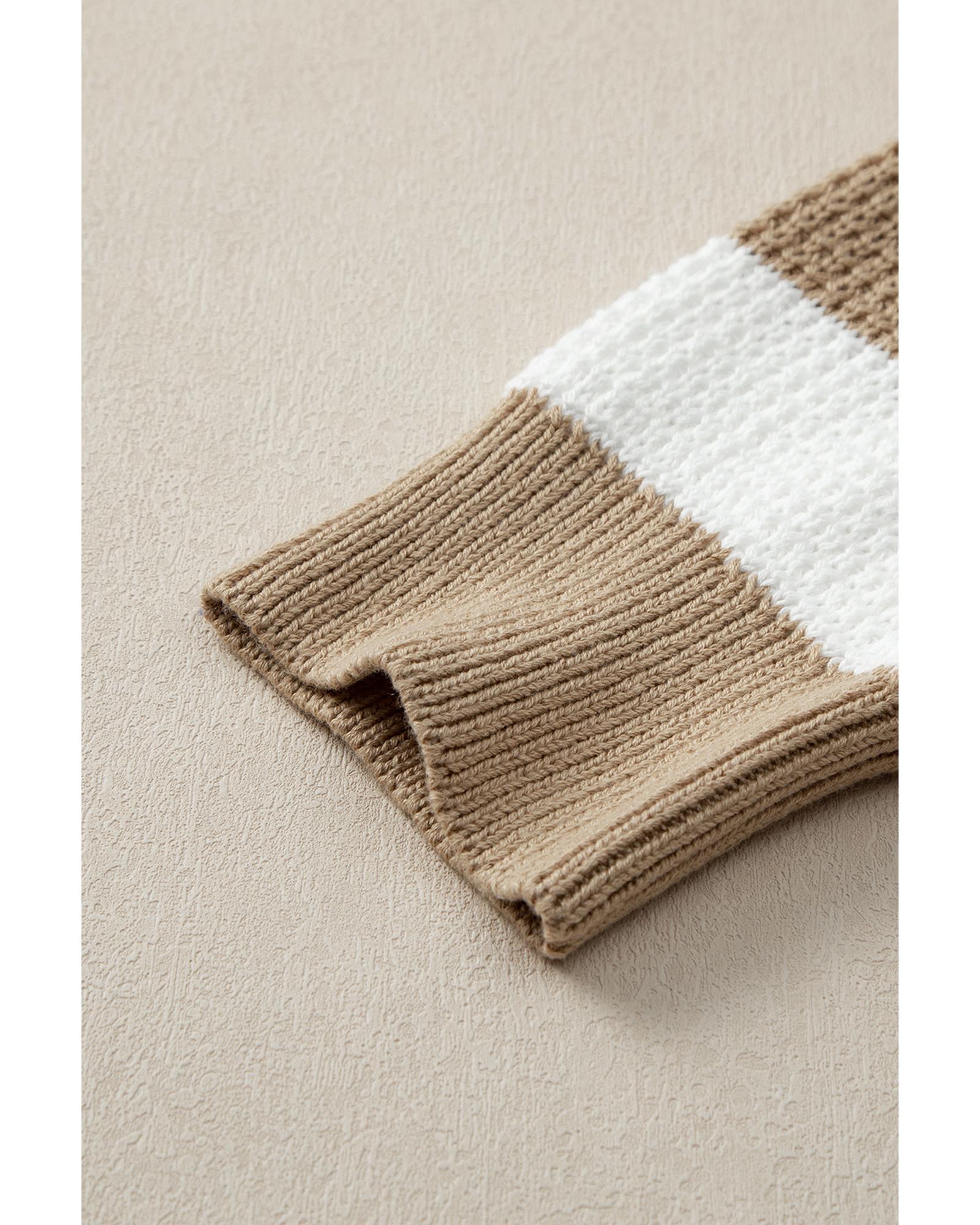 V539-AZEXDC2724668-P4016-S-202508292200-00 Light French Beige Colorblock Striped Drop Shoulder Side Slit Sweater - S - Image 1