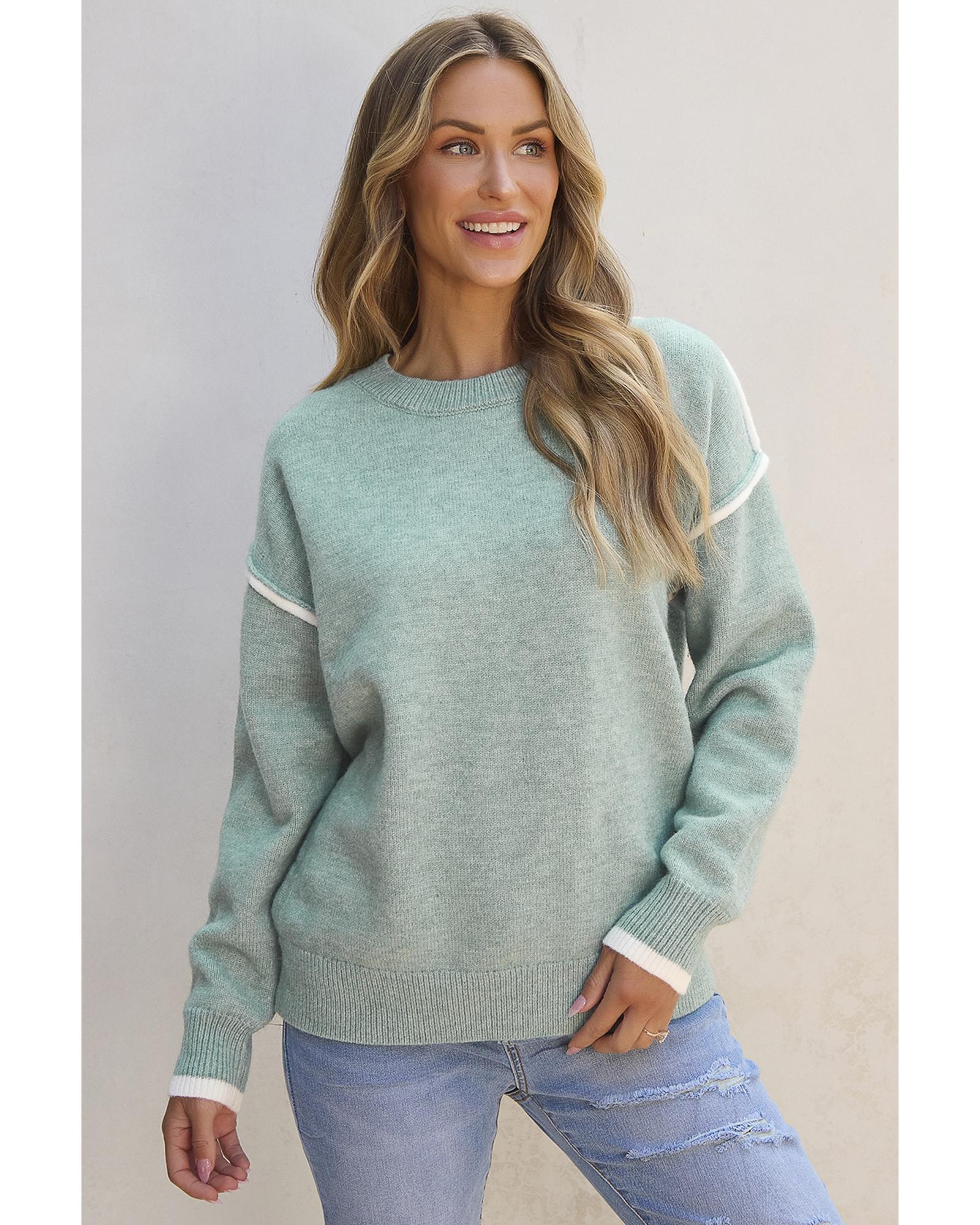 V539-AZEXDC2724670-P2209-L-202508300110-00 Moonlight Jade Colorblock Contrasting Edge Crewneck Sweater - L - Image 1