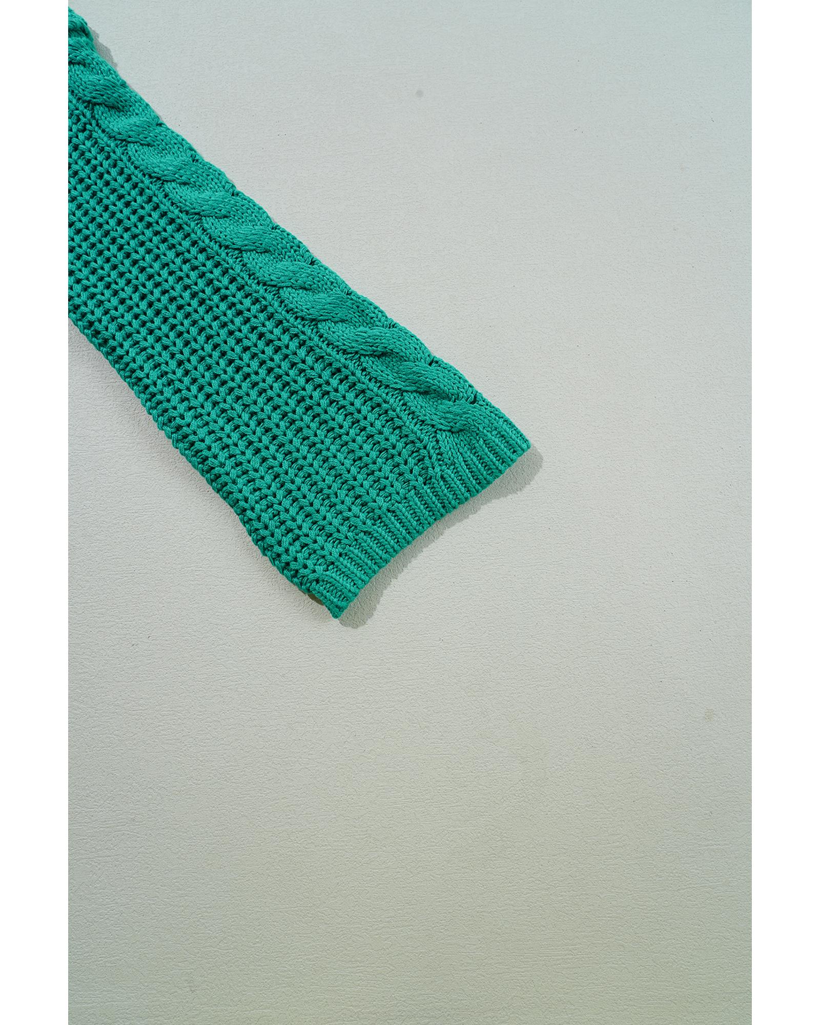 V539-AZEXDC2724672-P409-S-202506140116-00 Sea Green Cable Knit V Neck Contrast Drawstring Hooded Sweater - S - Image 1