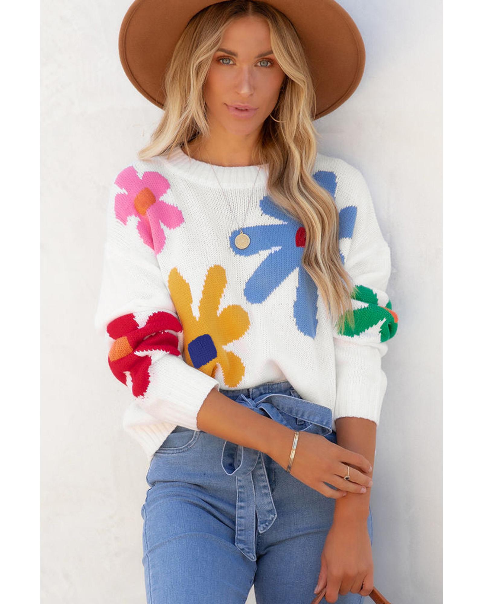 V539-AZEXDC2724673-P120-L-202508280515-00 White Colorful Big Flower Pattern Crewneck Sweater - L - Image 1