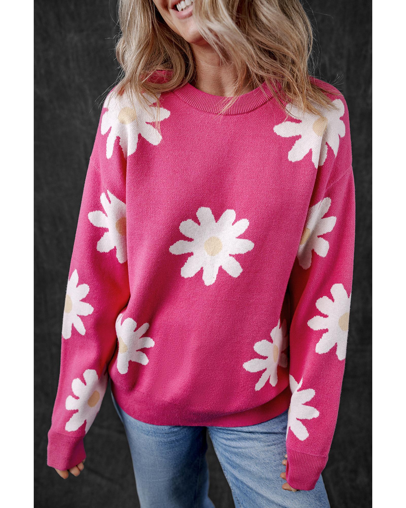 V539-AZEXDC2724675-P106-S-202506140122-00 Bright Pink Daisy Flower Crew Neck Long Sleeve Sweater - S - Image 1