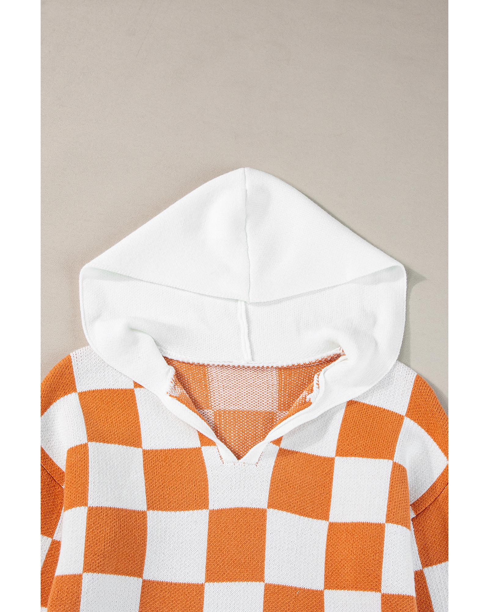 V539-AZEXDC2724684-P5014-XL-202508282325-00 Gold Flame Checkered Split Neck Contrast Kangaroo Pocket Hooded Sweater - XL - Image 1