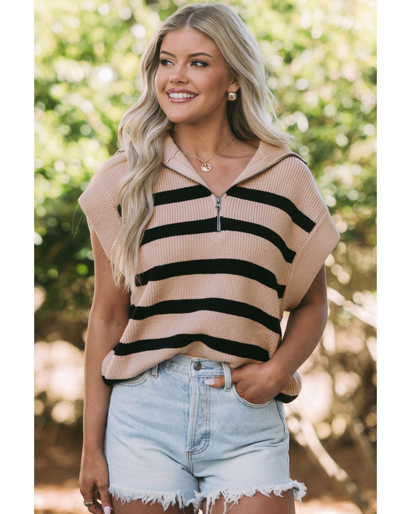 V539-AZEXDC2724768-P1619-M-202506140145-00 Khaki Stripe Zipped Collar Short Sleeve Sweater - M - Image 1