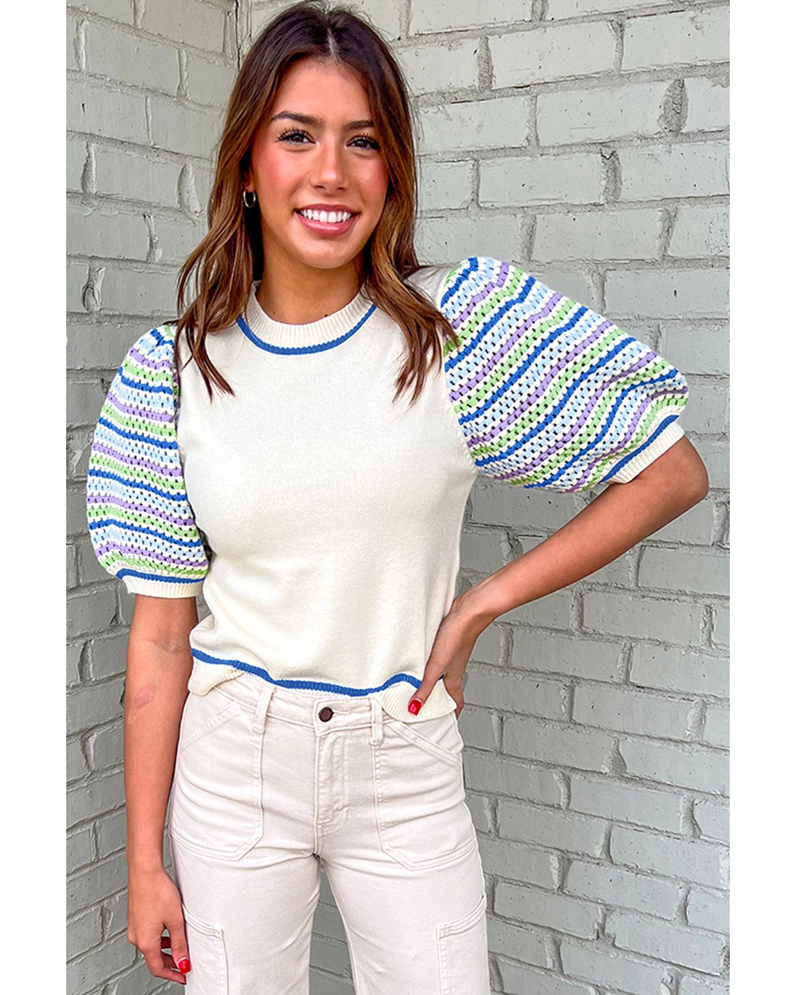 V539-AZEXDC2724778-P120-L-202508281010-00 White Crochet Striped Bubble Sleeve Knit Sweater - L - Image 1