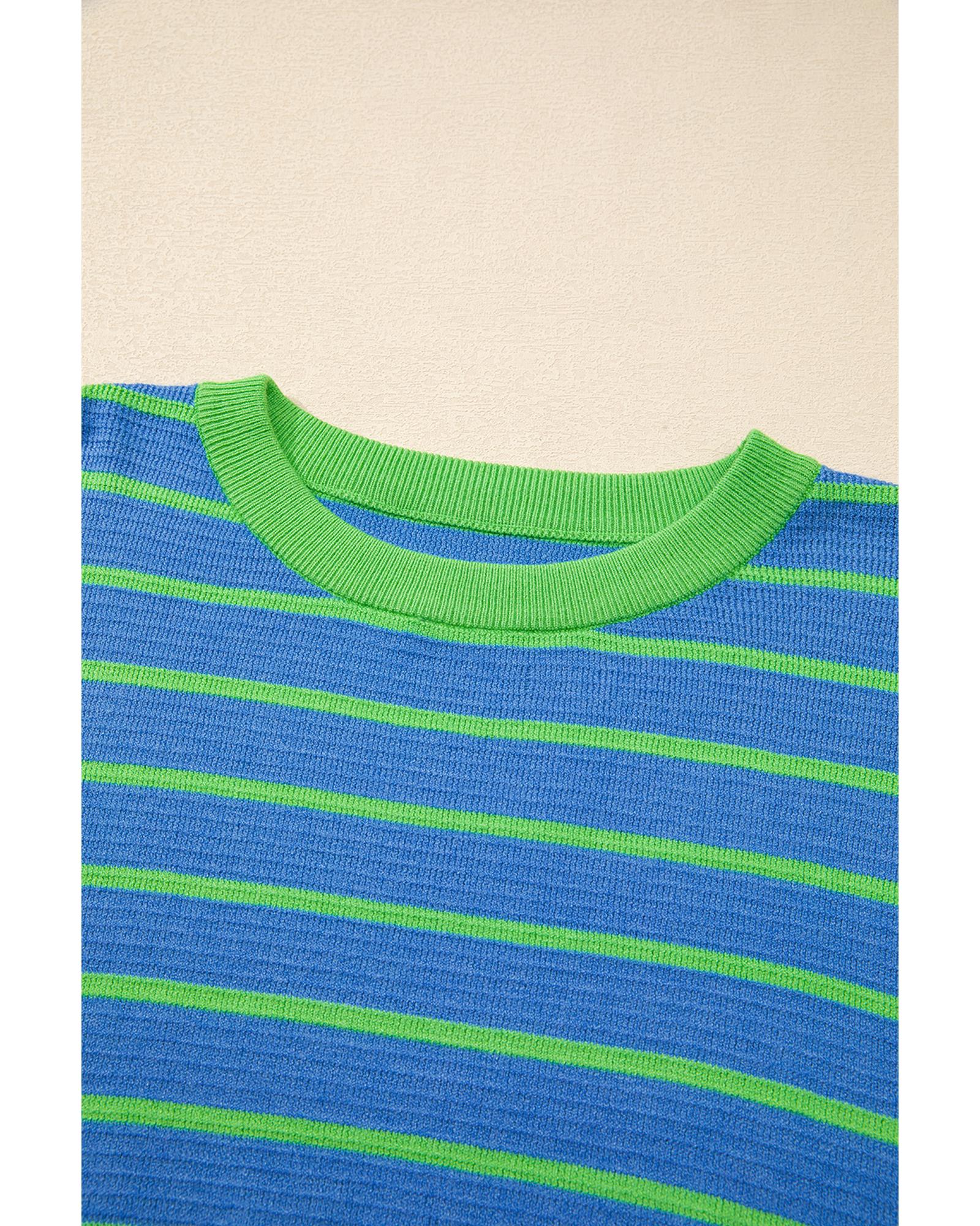 V539-AZEXDC2724825-P419-S-202508300535-00 Sky Blue Stripe Trimmed Round Neck Drop Shoulder Loose Sweater - S - Image 1