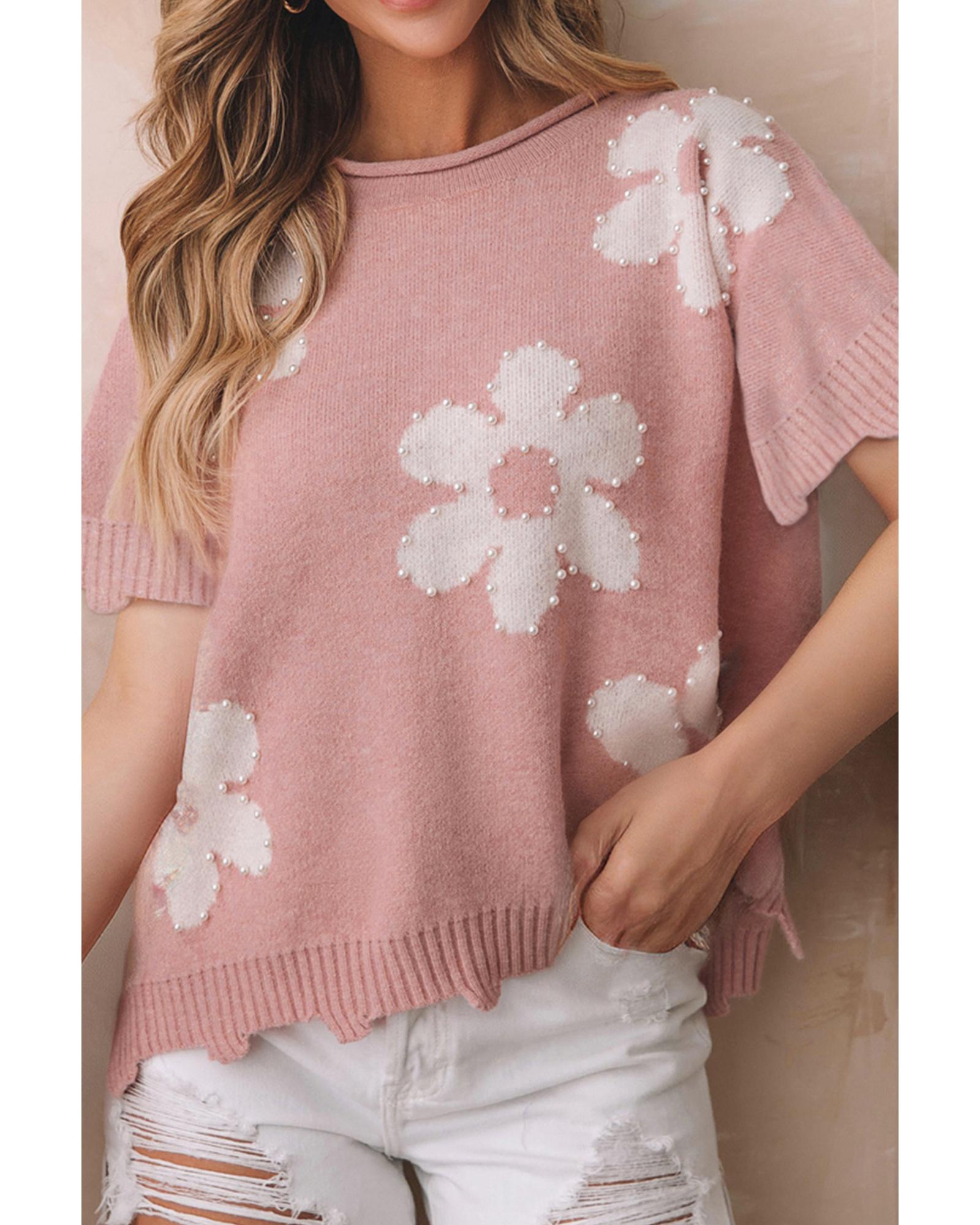 V539-AZEXDC2724830-P1010-L-202508281020-00 Light Pink Pearled Flower Distressed Edge Sweater T Shirt - L - Image 1