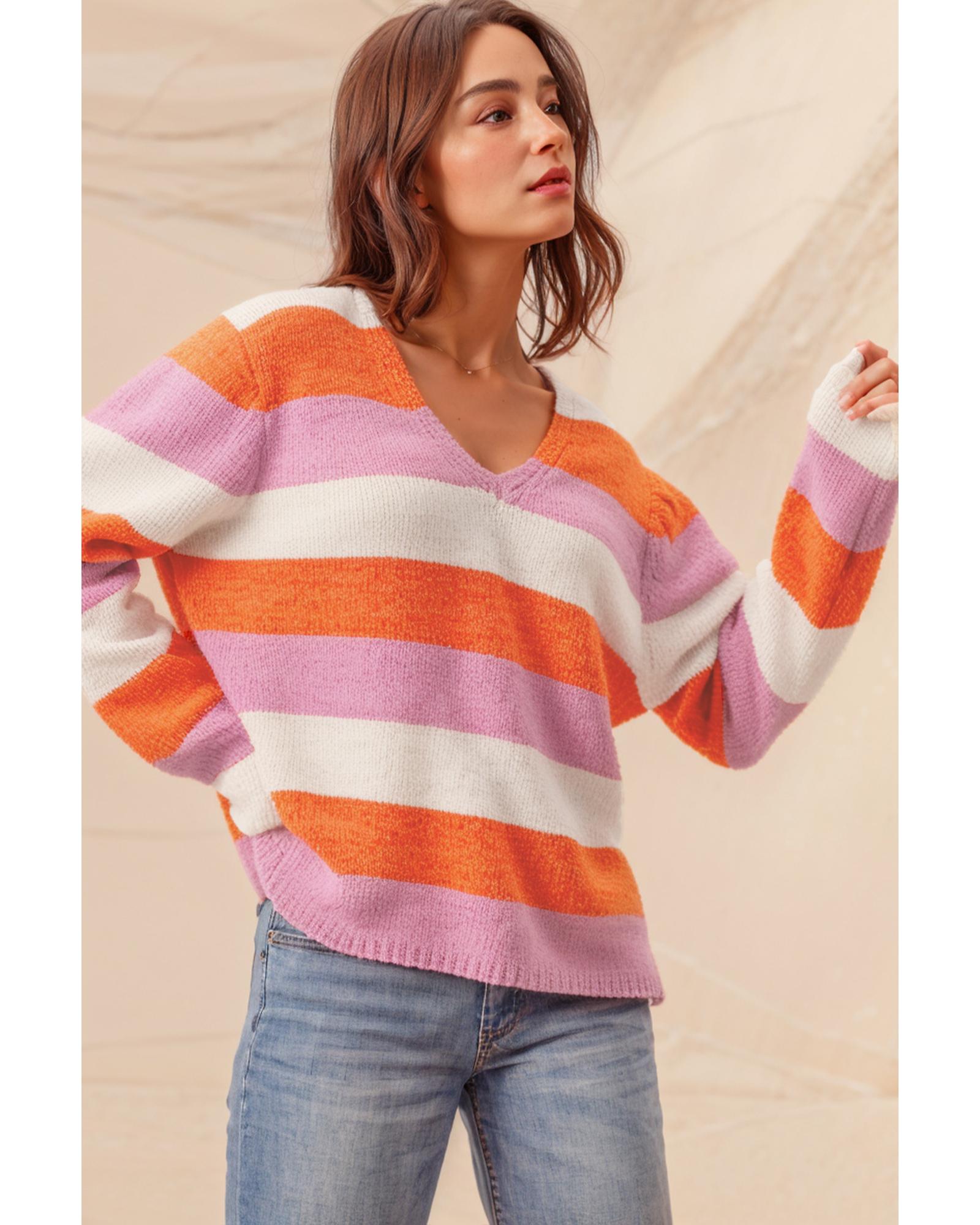 V539-AZEXDC2724855-P1419-L-202508292015-00 Orange Stripe Colorblock V Neck Casual Sweater - L - Image 1