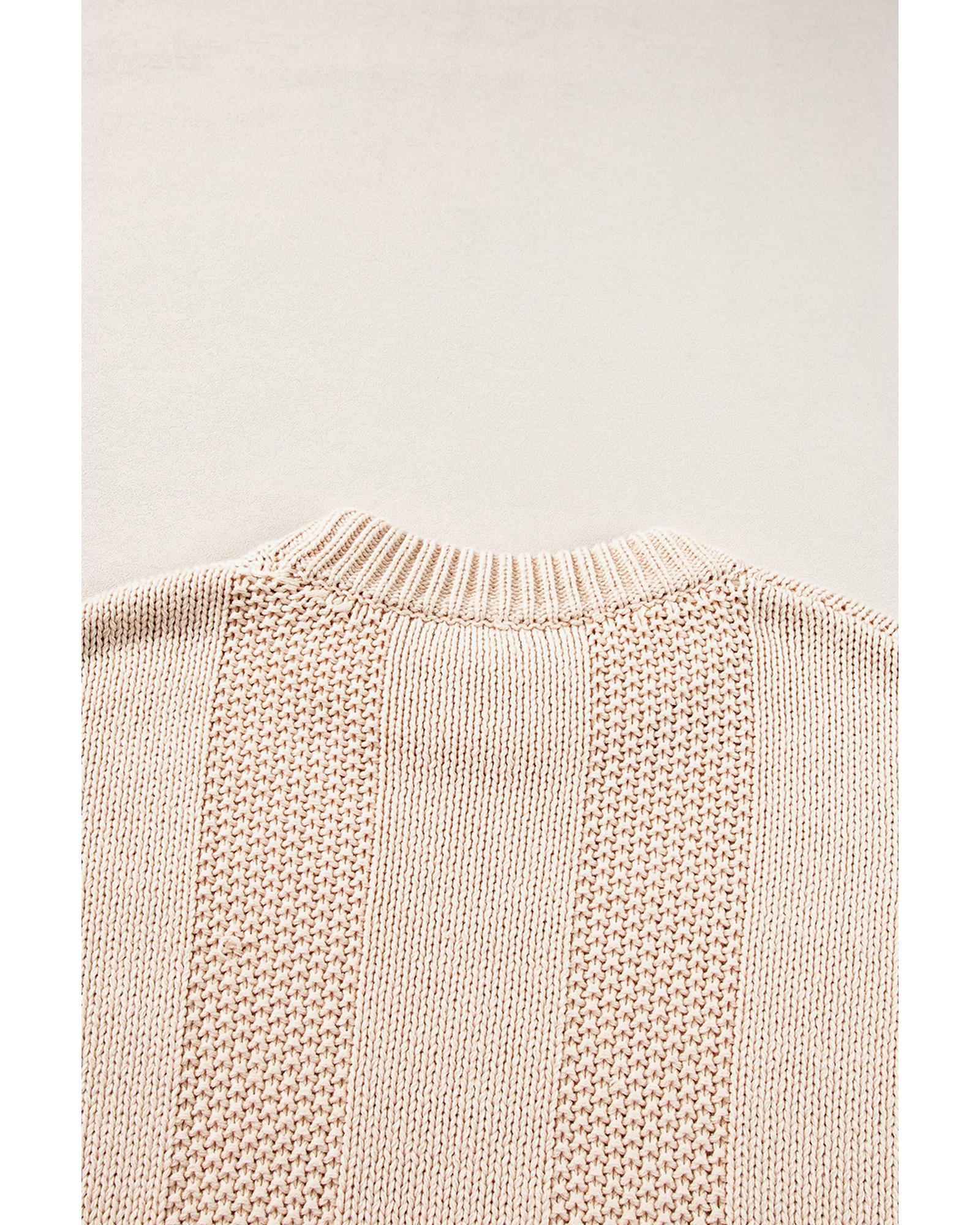 V539-AZEXDC2724881-P5016-S-202506132253-00 Pale Khaki Solid Color Cable Knit Ribbed Loose Sweater - S - Image 1