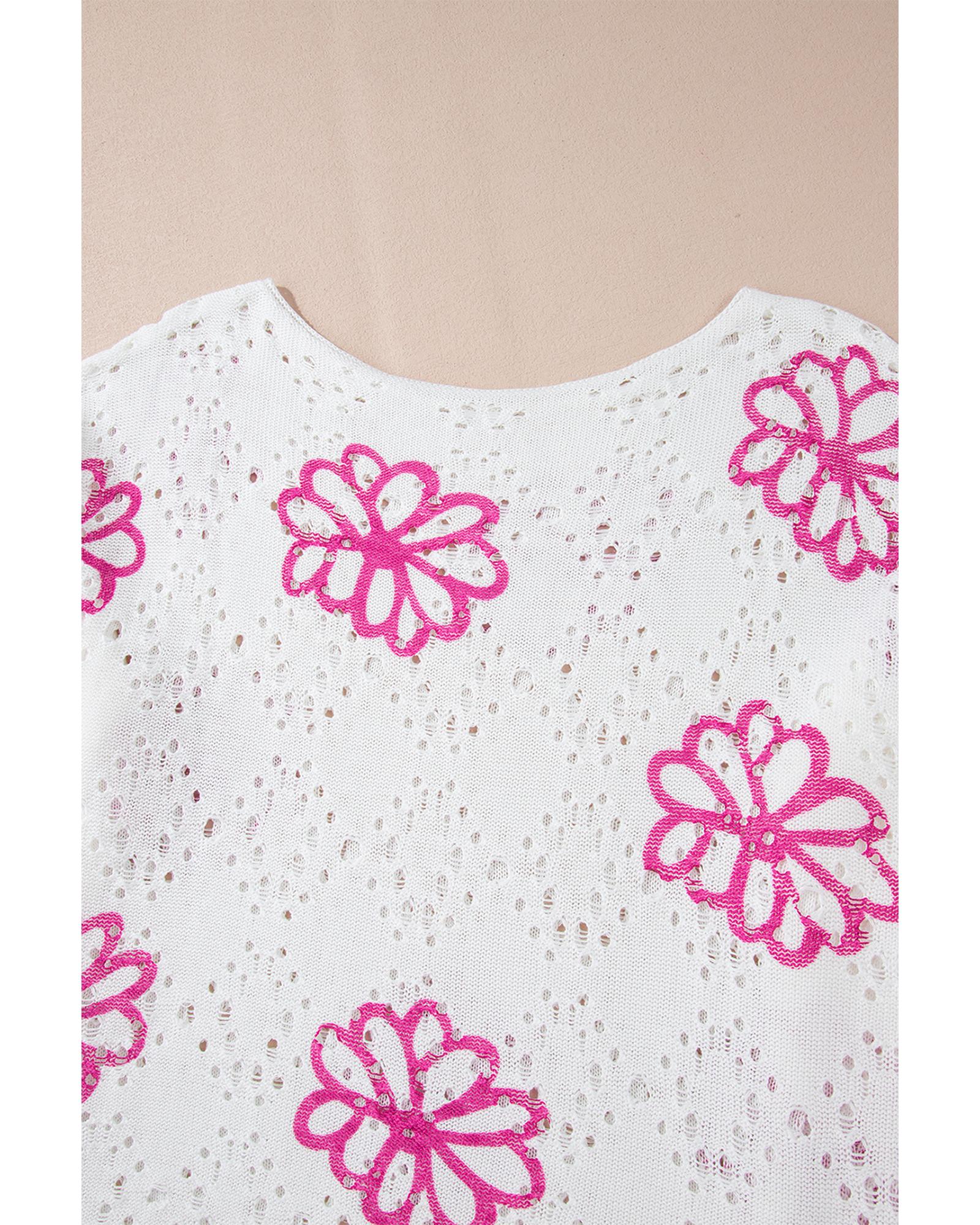 V539-AZEXDC2724901-P1-S-202506132313-00 White Contrast Flower Print Eyelet Drop Shoulder Sweater - S - Image 1