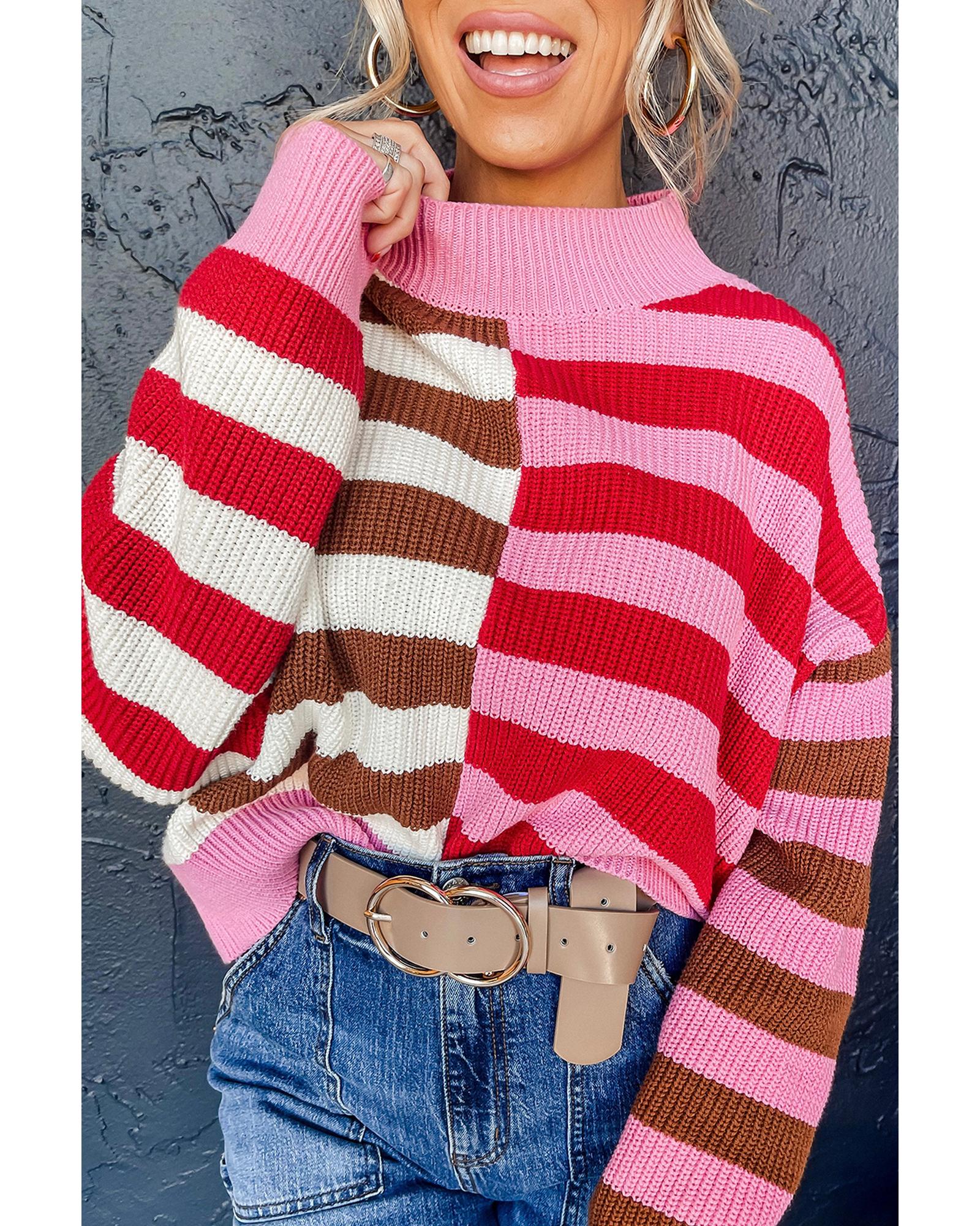 V539-AZEXDC2724929-P1019-XL-202508300555-00 Pink Stripe Color Block High Neck Drop Shoulder Loose Sweater - XL - Image 1